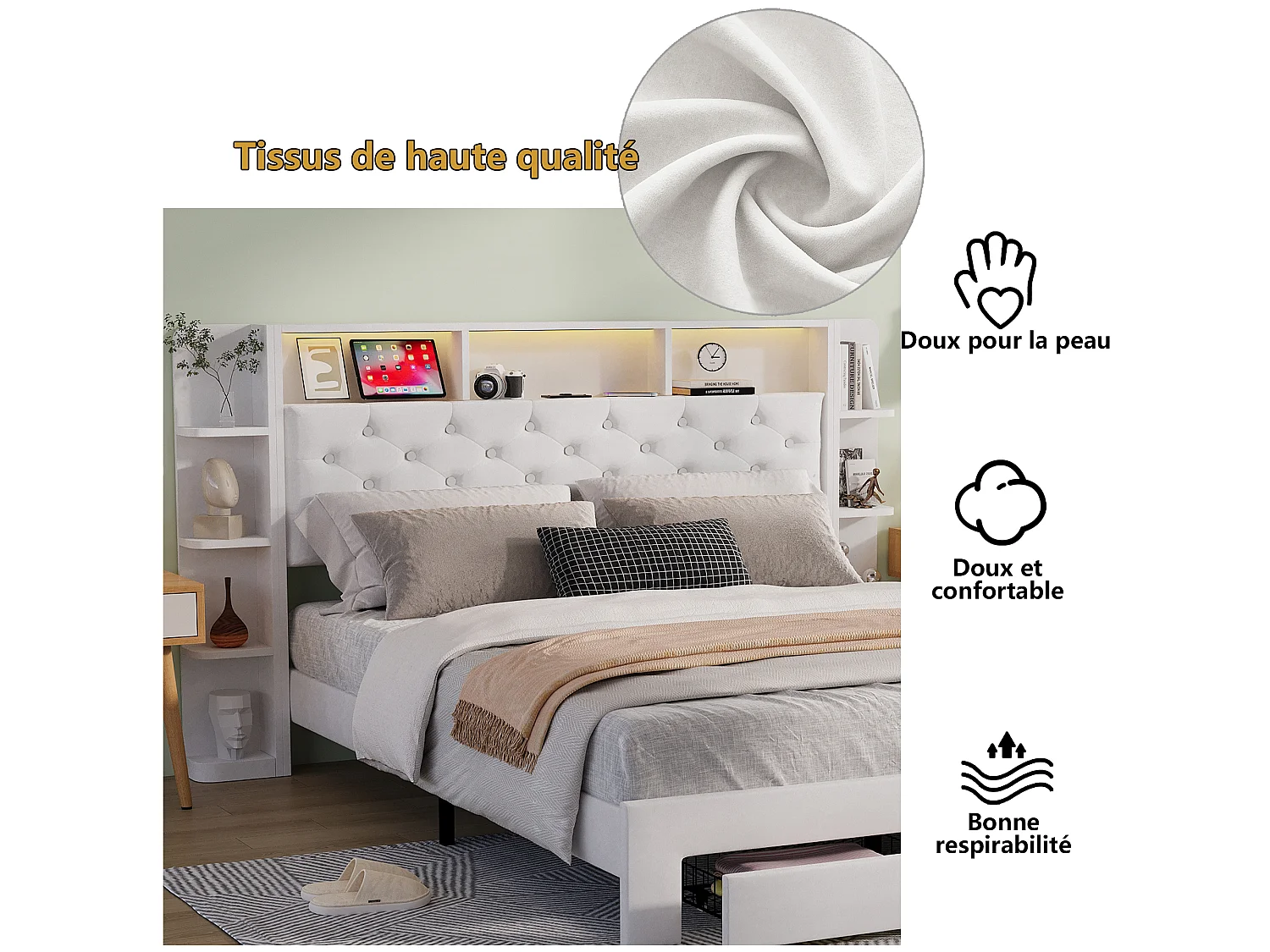 Bedframe 140x190 cm, LED, USB, met lattenbodem, Tweepersoonsbed, Fluweel, Wit