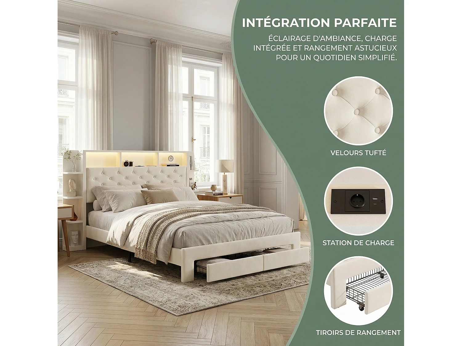 Bedframe 140x190 cm, LED, USB, met lattenbodem, Tweepersoonsbed, Fluweel, Wit