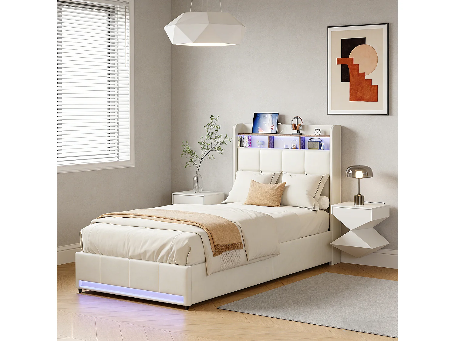 Lit enfant 90x200 cm avec tiroirs - Éclairage LED - USB et Type-C - Sommier à lattes - Lin beige - 1 place
