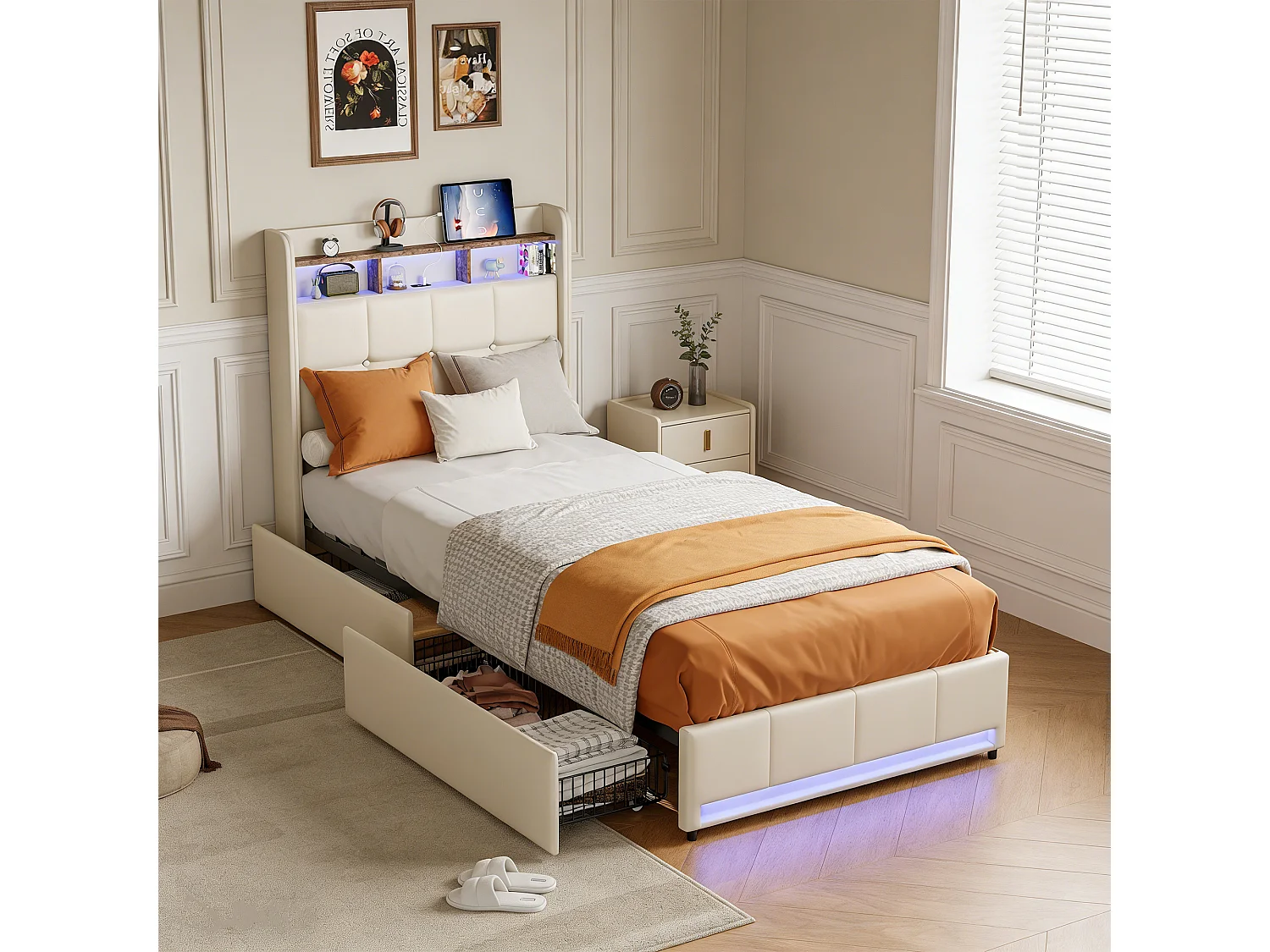 Lit enfant 90x200 cm avec tiroirs - Éclairage LED - USB et Type-C - Sommier à lattes - Lin beige - 1 place