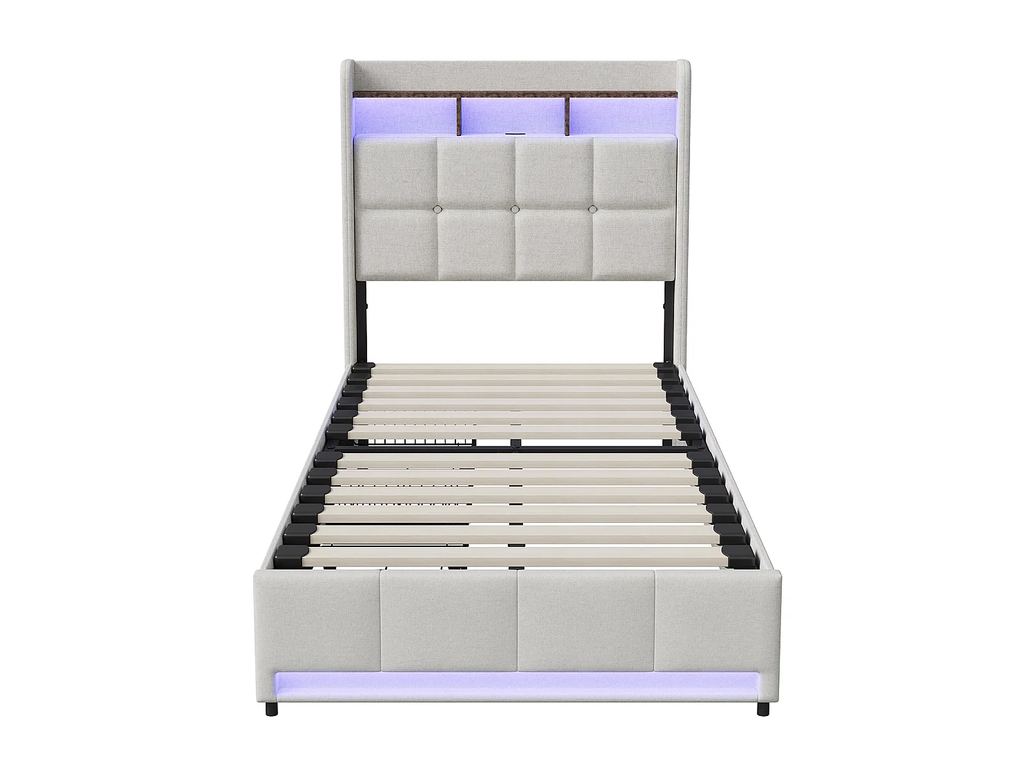Lit enfant 90x200 cm avec tiroirs - Éclairage LED - USB et Type-C - Sommier à lattes - Lin beige - 1 place