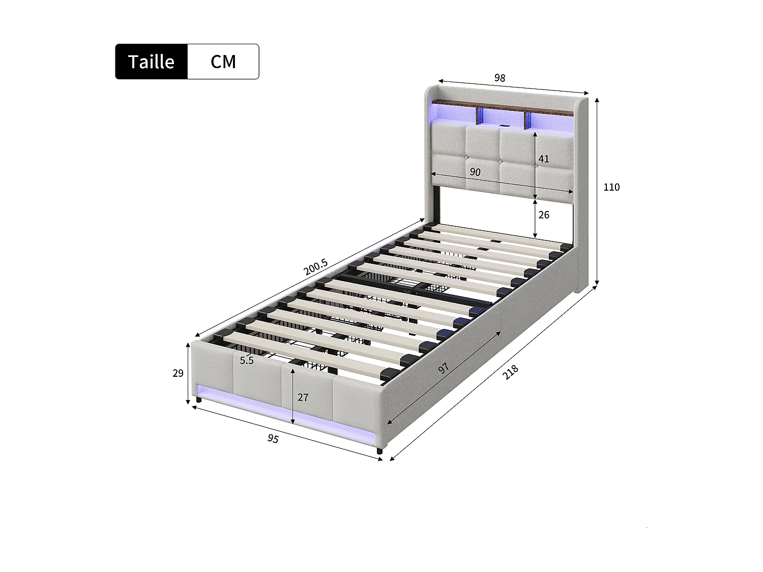 Lit enfant 90x200 cm avec tiroirs - Éclairage LED - USB et Type-C - Sommier à lattes - Lin beige - 1 place