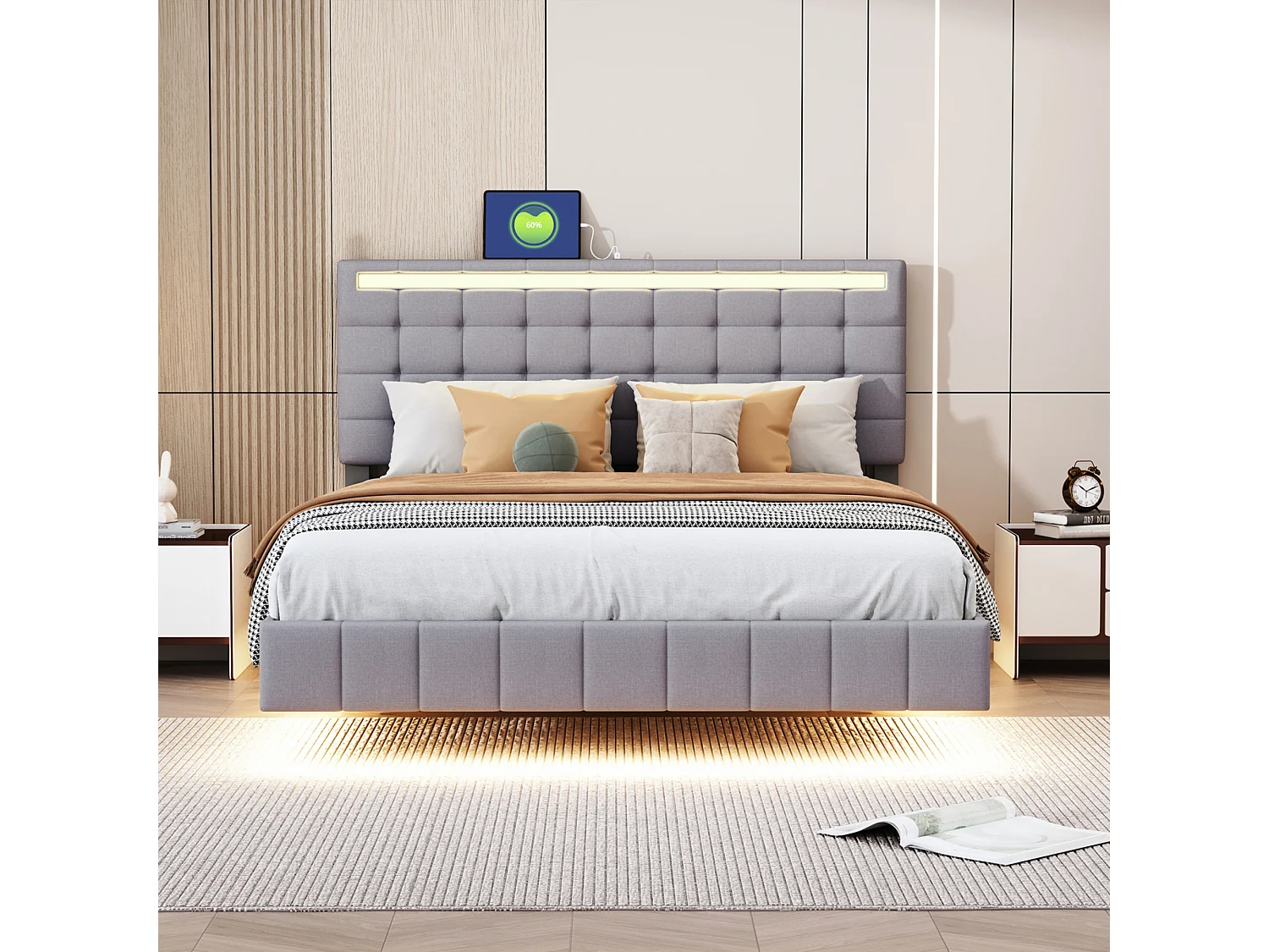 140x190 Bed - NEXU - Tweepersoonsbed voor volwassenen met lattenbodem - Zwevend bed met ledverlichting - USB-poort - Grijs linnen