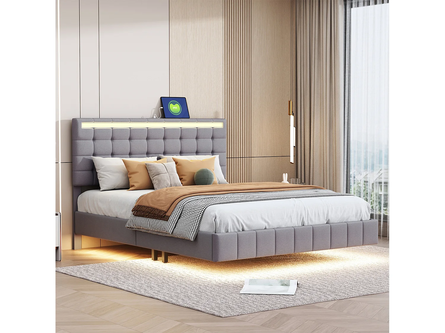 140x190 Bed - NEXU - Tweepersoonsbed voor volwassenen met lattenbodem - Zwevend bed met ledverlichting - USB-poort - Grijs linnen