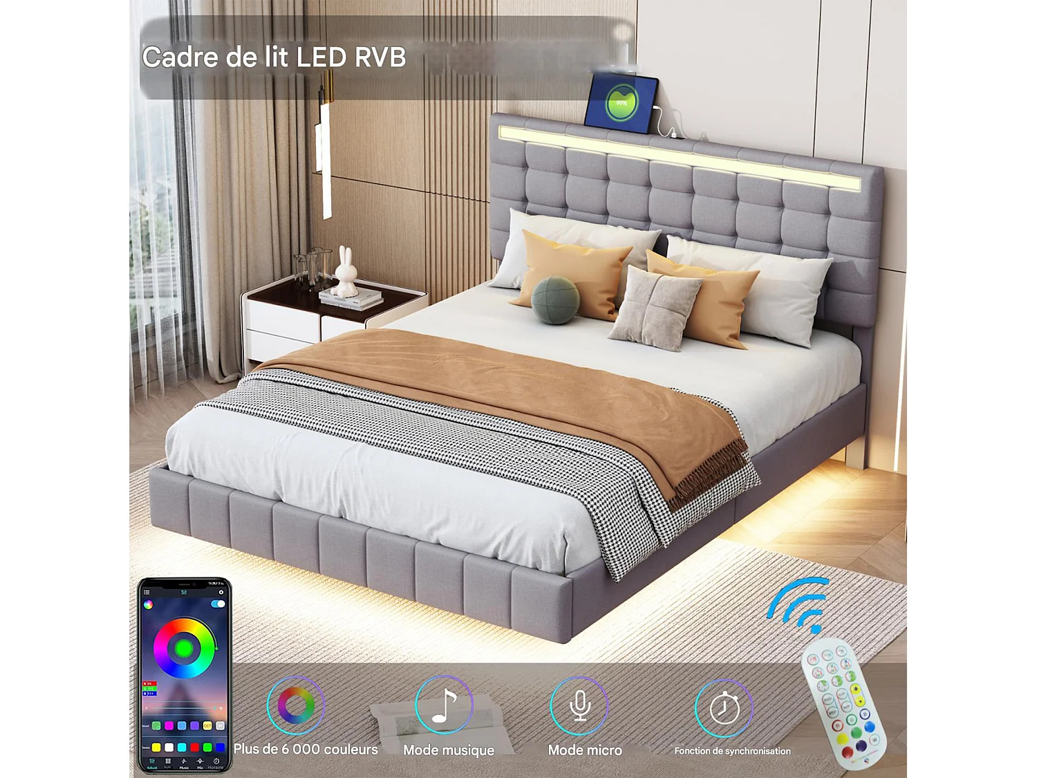 140x190 Bed - NEXU - Tweepersoonsbed voor volwassenen met lattenbodem - Zwevend bed met ledverlichting - USB-poort - Grijs linnen