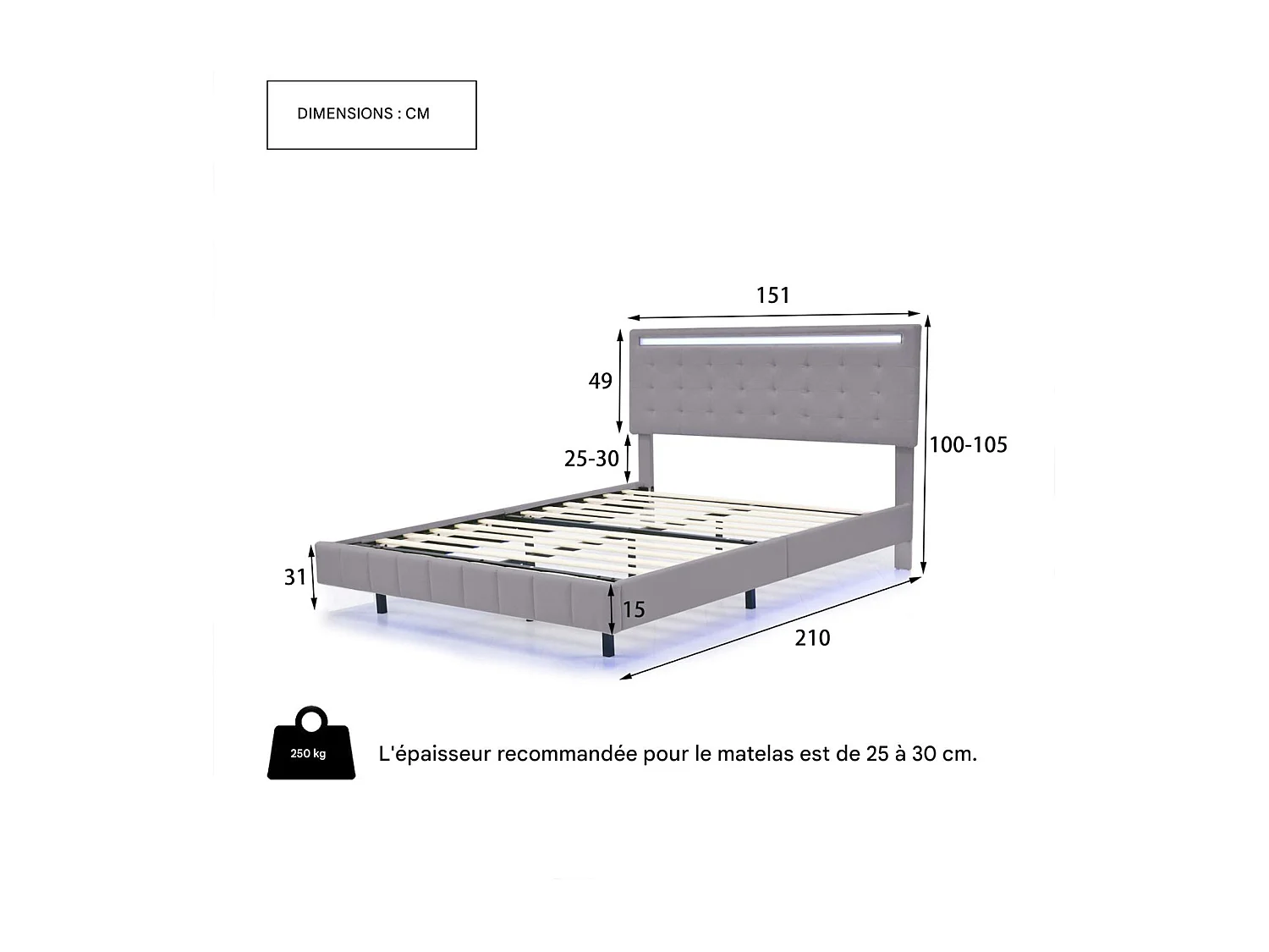 140x190 Bed - NEXU - Tweepersoonsbed voor volwassenen met lattenbodem - Zwevend bed met ledverlichting - USB-poort - Grijs linnen