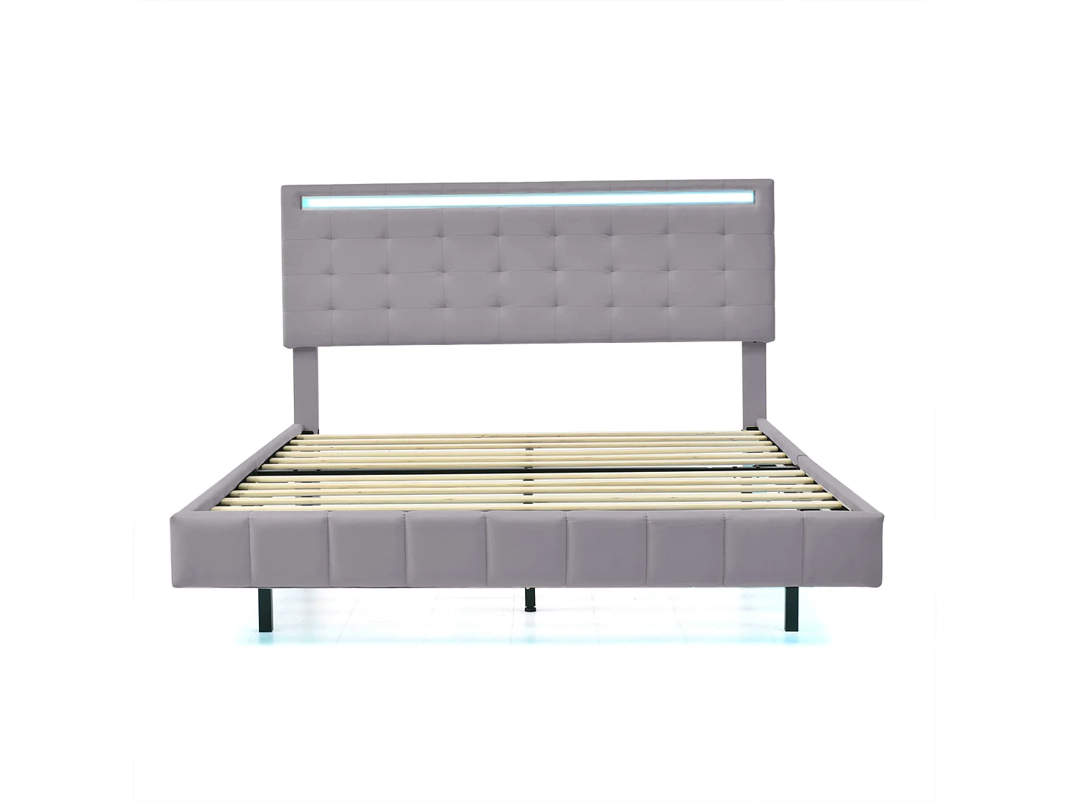 140x190 Bed - NEXU - Tweepersoonsbed voor volwassenen met lattenbodem - Zwevend bed met ledverlichting - USB-poort - Grijs linnen