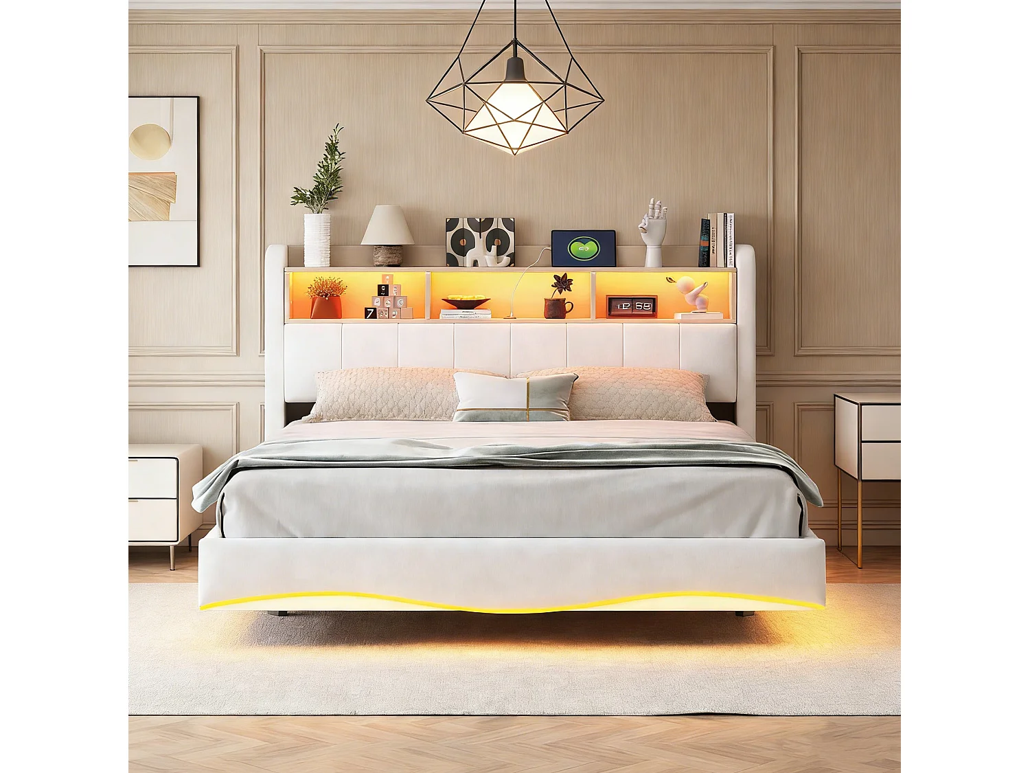 NEXU Structure de Lit Double, 160 x 200 cm, Lit Flottant, Lit avec Éclairage LED, Tête de Lit, USB et Type-C, Beige