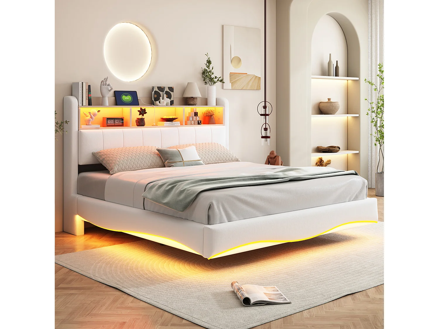 NEXU Structure de Lit Double, 160 x 200 cm, Lit Flottant, Lit avec Éclairage LED, Tête de Lit, USB et Type-C, Beige