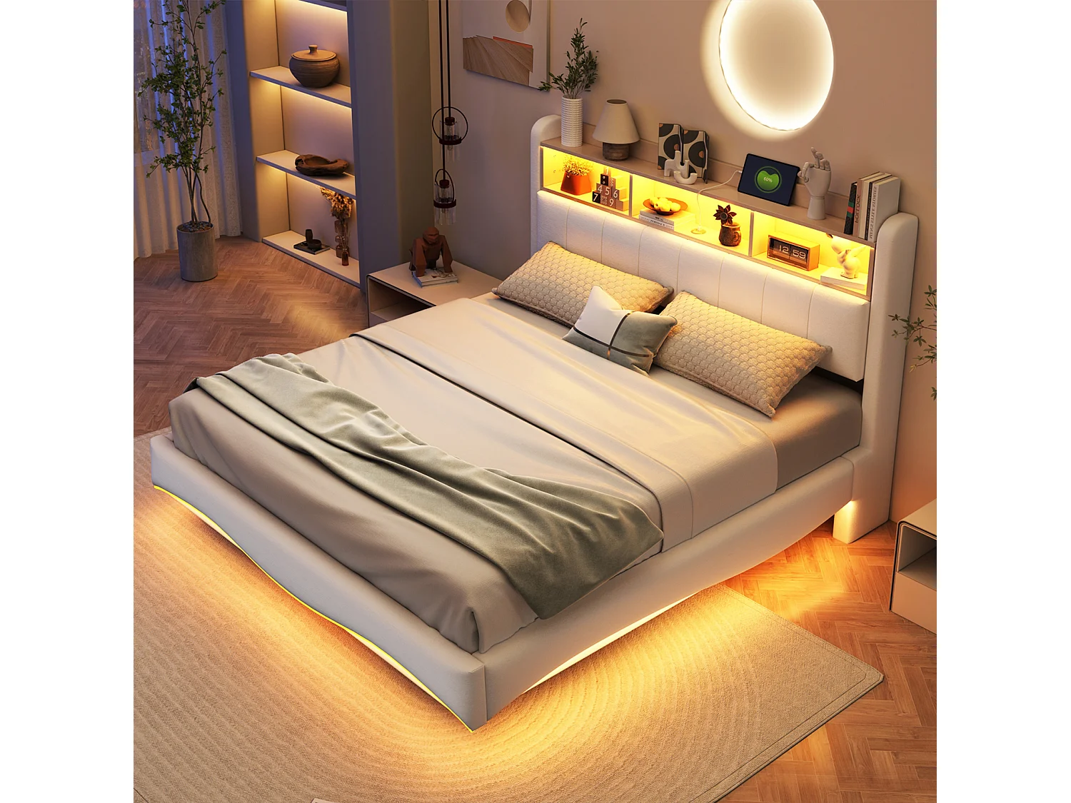 NEXU Structure de Lit Double, 160 x 200 cm, Lit Flottant, Lit avec Éclairage LED, Tête de Lit, USB et Type-C, Beige