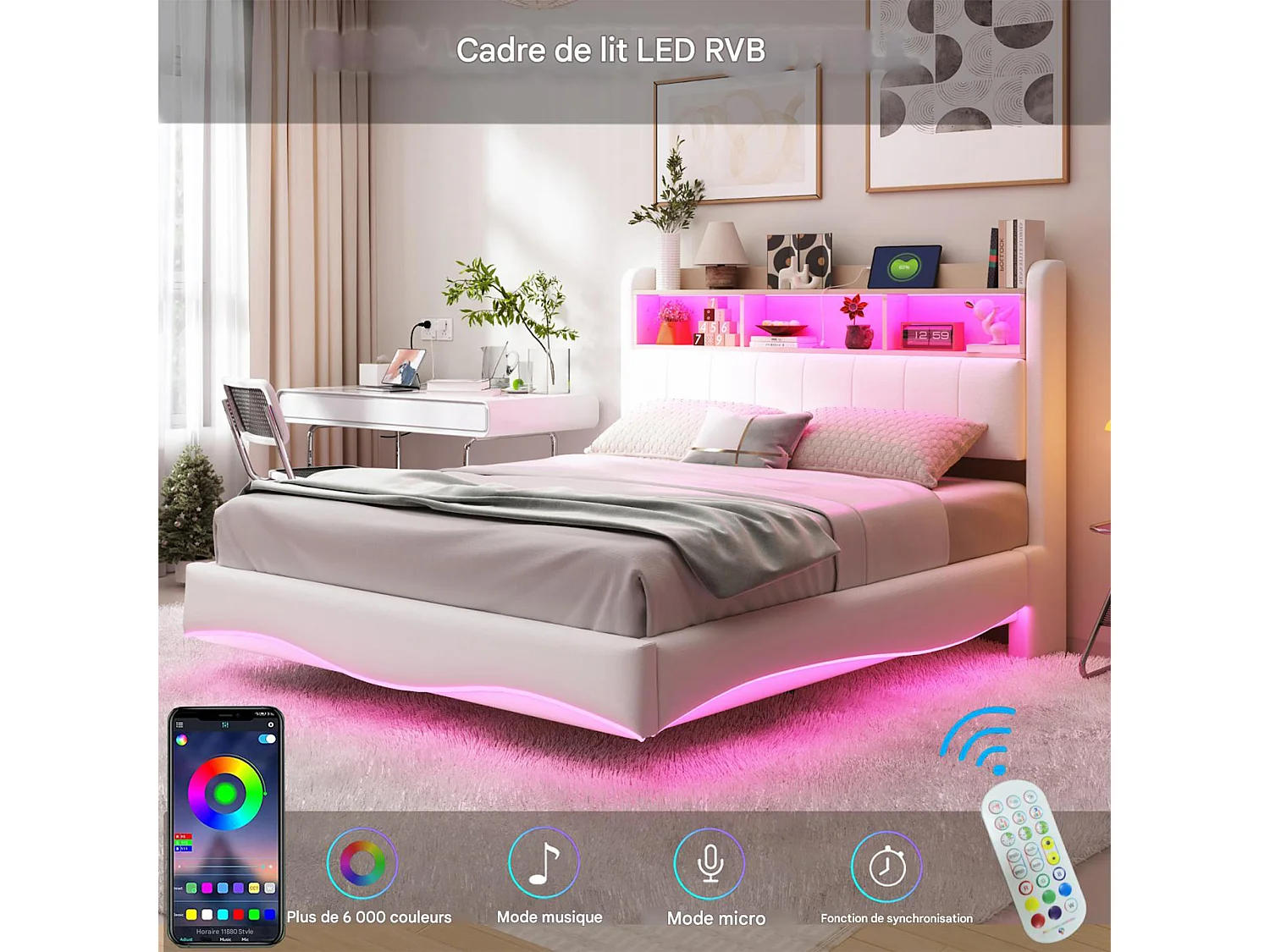 NEXU Structure de Lit Double, 160 x 200 cm, Lit Flottant, Lit avec Éclairage LED, Tête de Lit, USB et Type-C, Beige