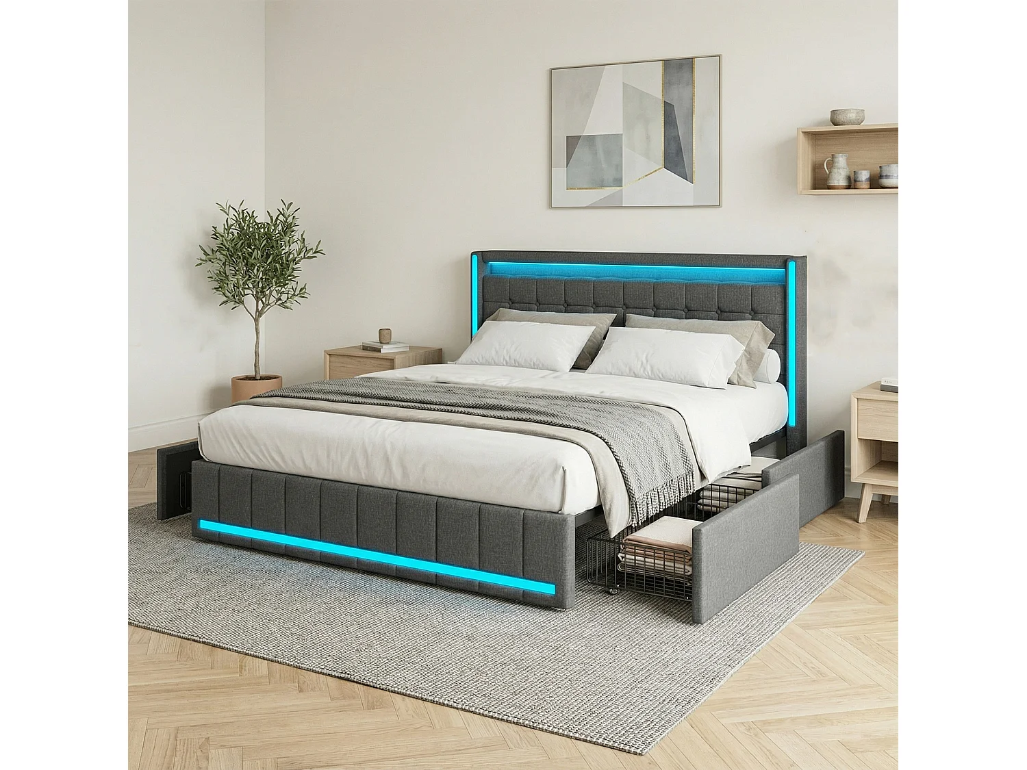 Lit 140x190 - 4 tiroirs - Tête de lit avec rangement USB - LED intégrée - sommier à Lattes - Lin gris - 2 places