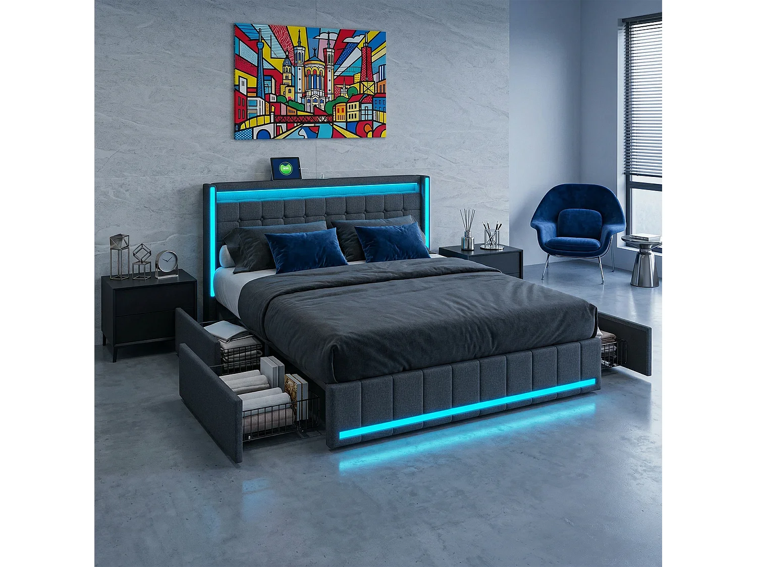 Lit 140x190 - 4 tiroirs - Tête de lit avec rangement USB - LED intégrée - sommier à Lattes - Lin gris - 2 places