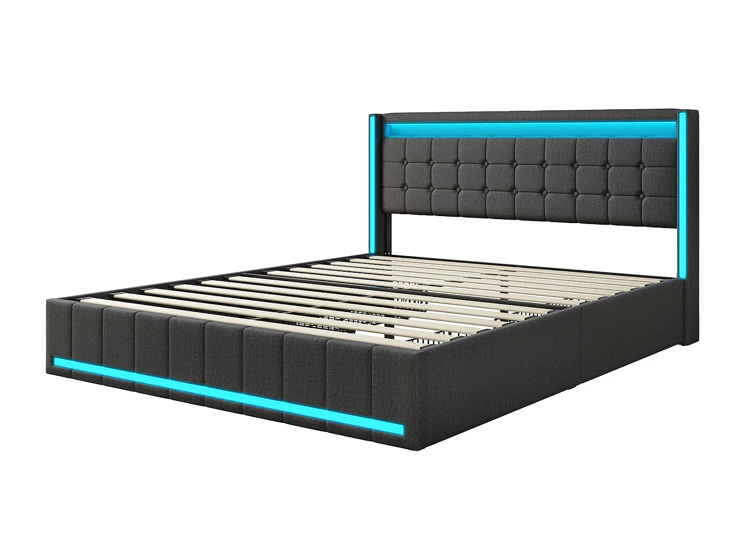 Lit 140x190 - 4 tiroirs - Tête de lit avec rangement USB - LED intégrée - sommier à Lattes - Lin gris - 2 places