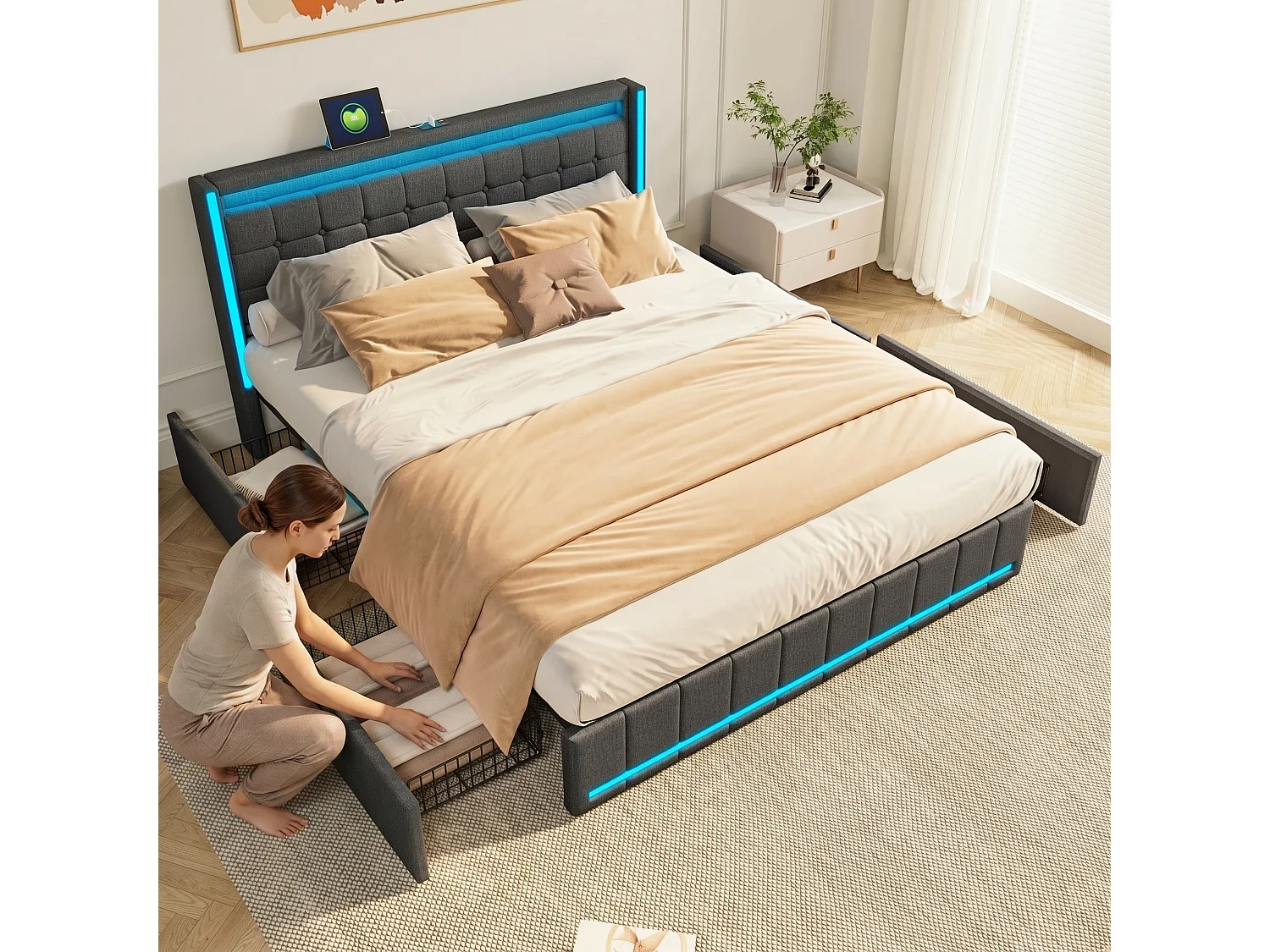 Lit double 140x190 cm avec 4 tiroirs, tête de lit avec rangement et ports USB, LED intégrée, sommier à lattes, tissu en lin gris