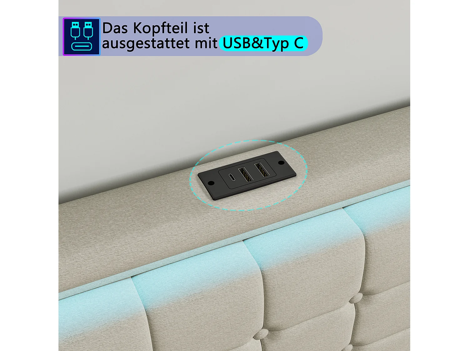 Lit double 140x190 cm avec 4 tiroirs, tête de lit avec rangement et ports USB, LED intégrée, sommier à lattes, tissu en lin gris