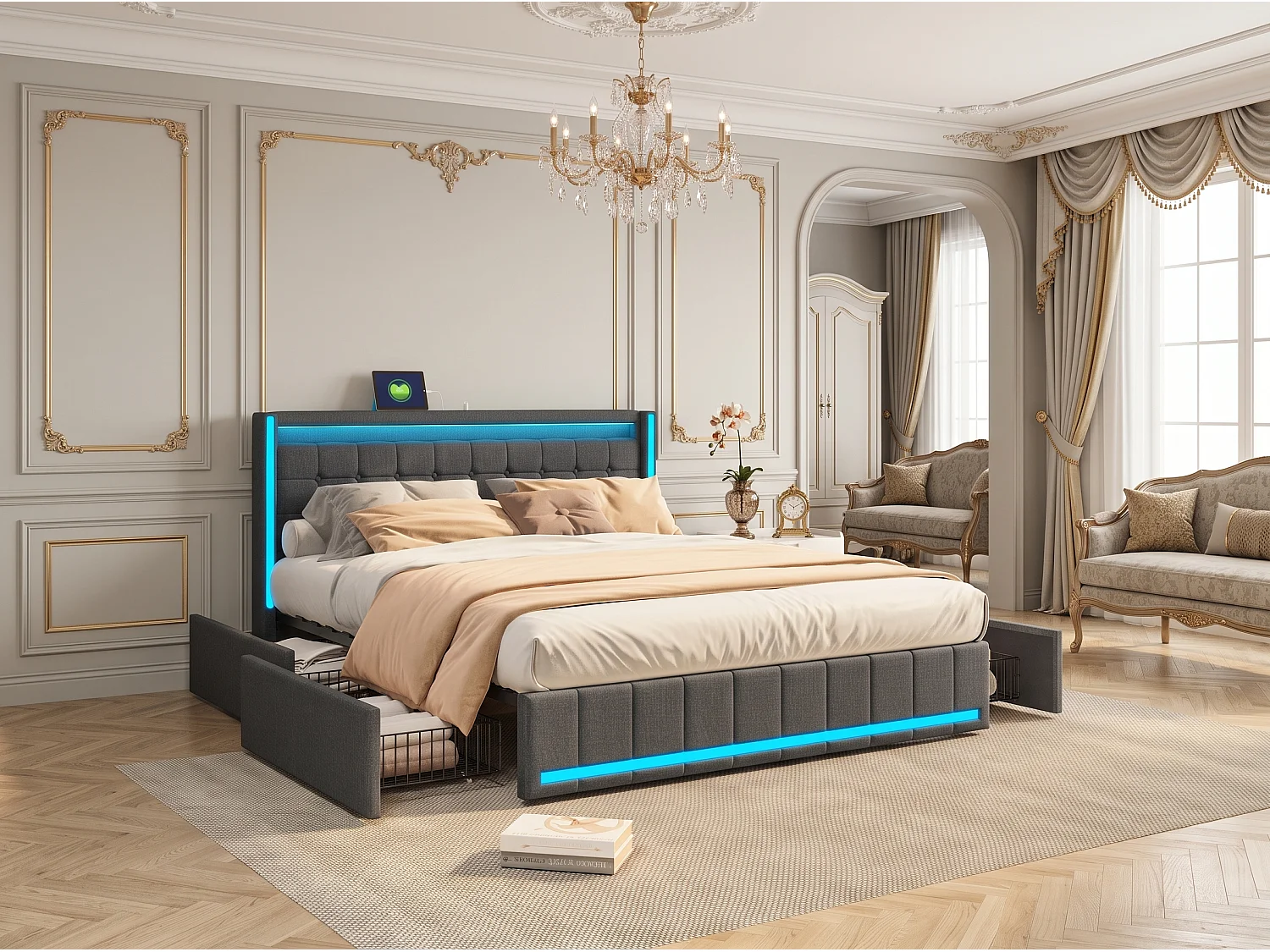 Lit double 140x190 cm avec 4 tiroirs, tête de lit avec rangement et ports USB, LED intégrée, sommier à lattes, tissu en lin gris