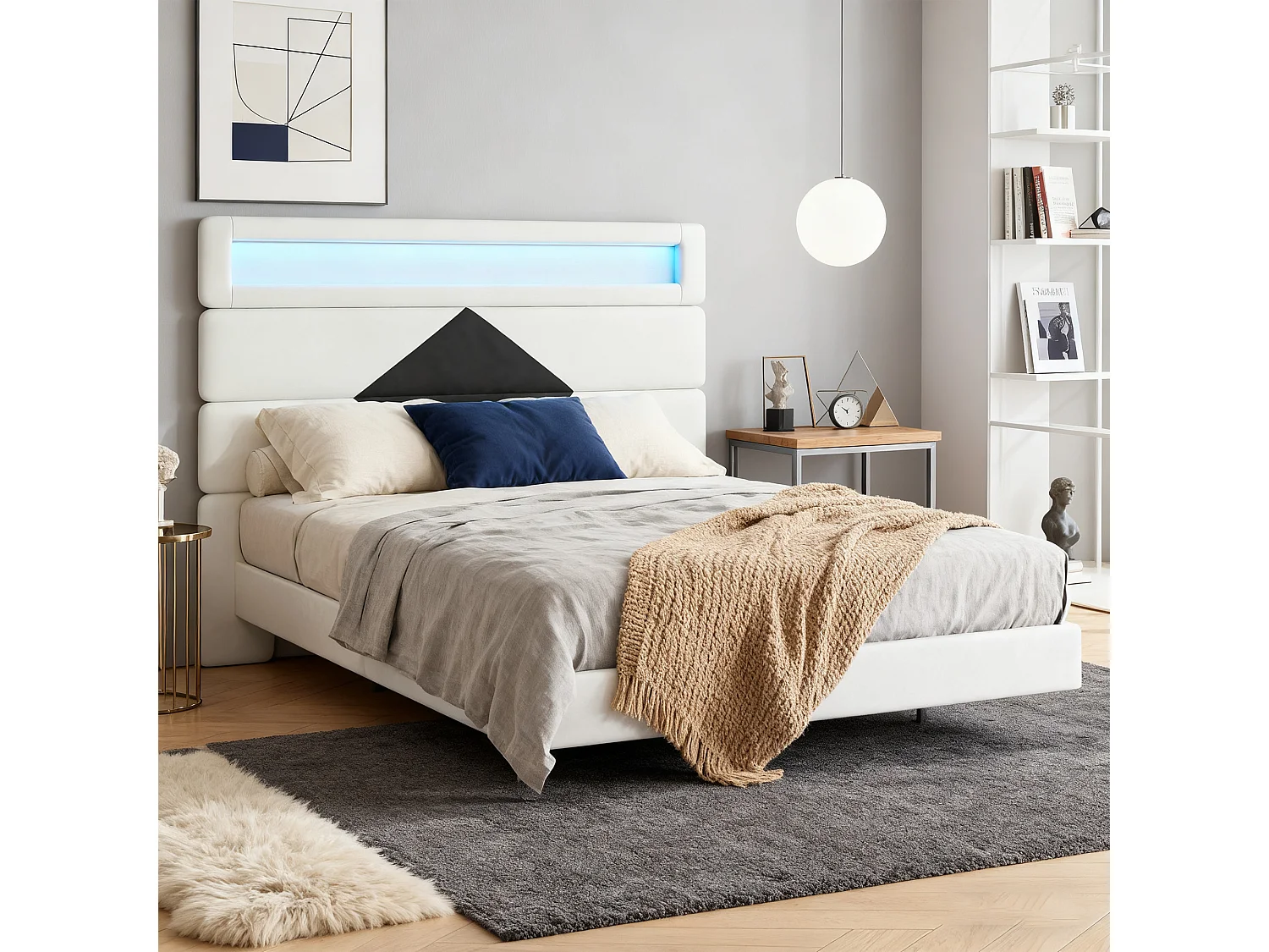 NEXU Lit Double, Cadre de Lit, Convient pour Un Matelas de 140 x 190 cm, USB et LED,Tête de Lit Ajustable,en Bois et métal, Beige