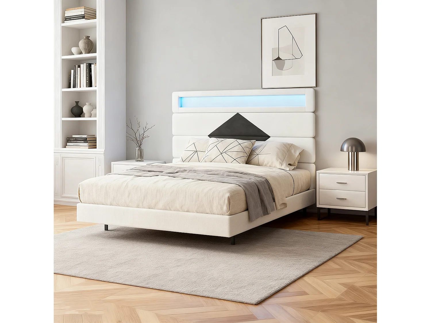NEXU Lit Double, Cadre de Lit, Convient pour Un Matelas de 140 x 190 cm, USB et LED,Tête de Lit Ajustable,en Bois et métal, Beige