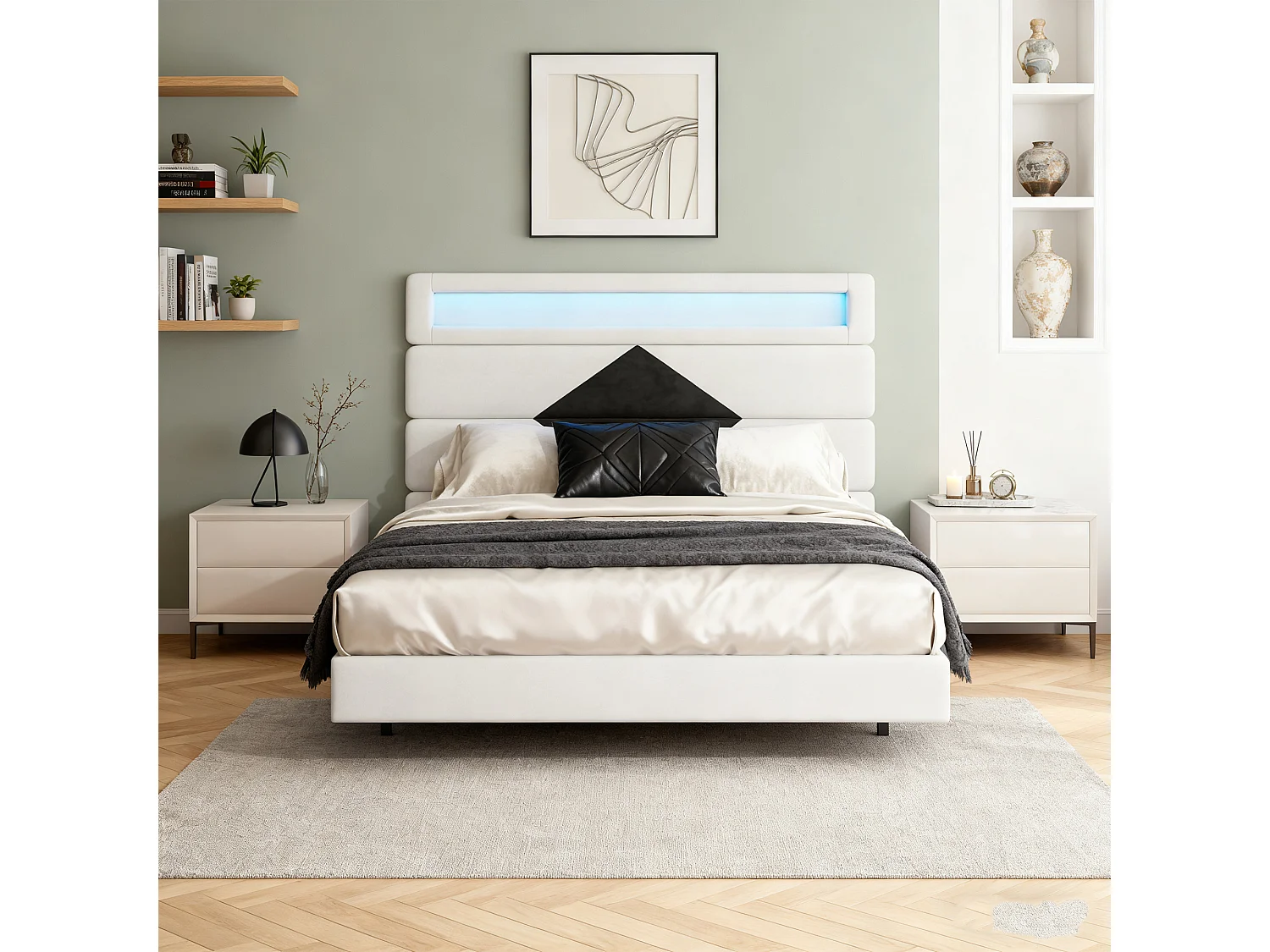 NEXU Lit Double, Cadre de Lit, Convient pour Un Matelas de 140 x 190 cm, USB et LED,Tête de Lit Ajustable,en Bois et métal, Beige