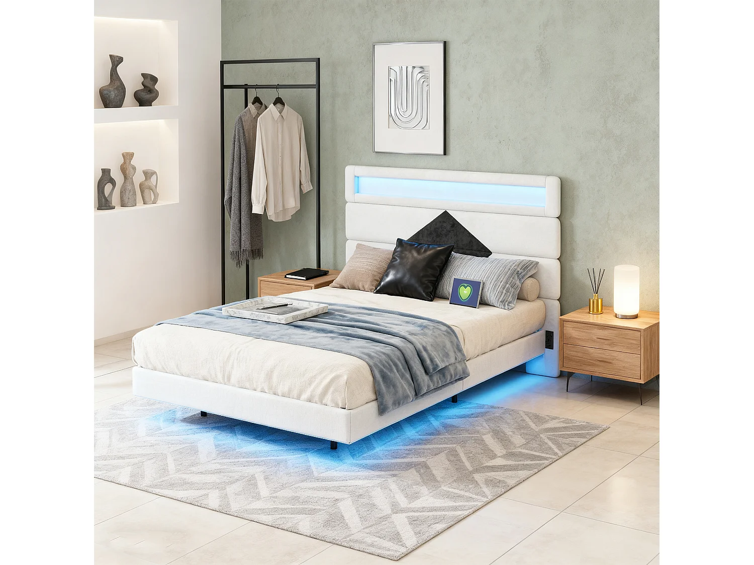 NEXU Lit Double, Cadre de Lit, Convient pour Un Matelas de 140 x 190 cm, USB et LED,Tête de Lit Ajustable,en Bois et métal, Beige