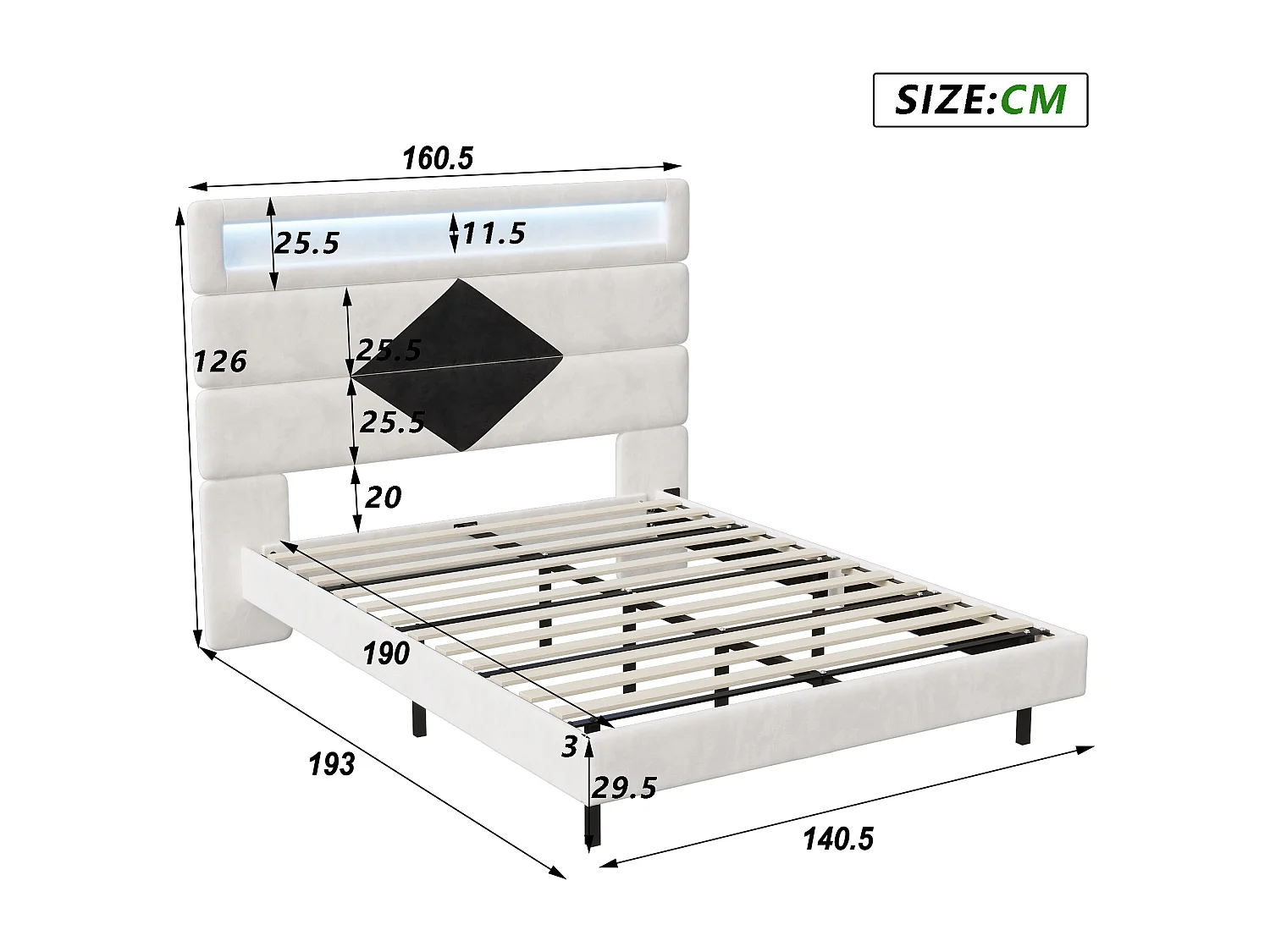 NEXU Lit Double, Cadre de Lit, Convient pour Un Matelas de 140 x 190 cm, USB et LED,Tête de Lit Ajustable,en Bois et métal, Beige