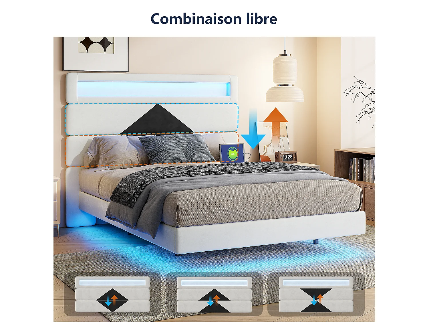 NEXU Lit double 140x190 cm avec tête de lit réglable, ports de charge et éclairage d’ambiance, cadre en bois et métal, beige