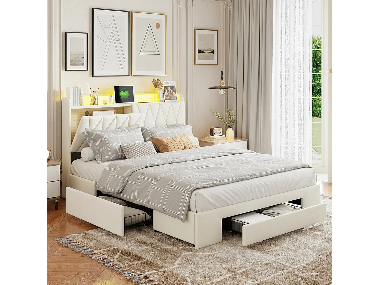 NEXU lit 140x190 - Avec 3 tiroirs de rangement - LED et USB - tissu de velours - beige