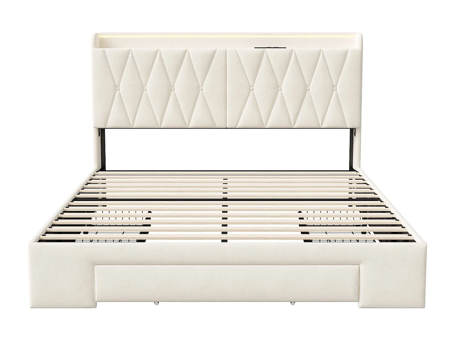 NEXU lit 140x190 - Avec 3 tiroirs de rangement - LED et USB - tissu de velours - beige