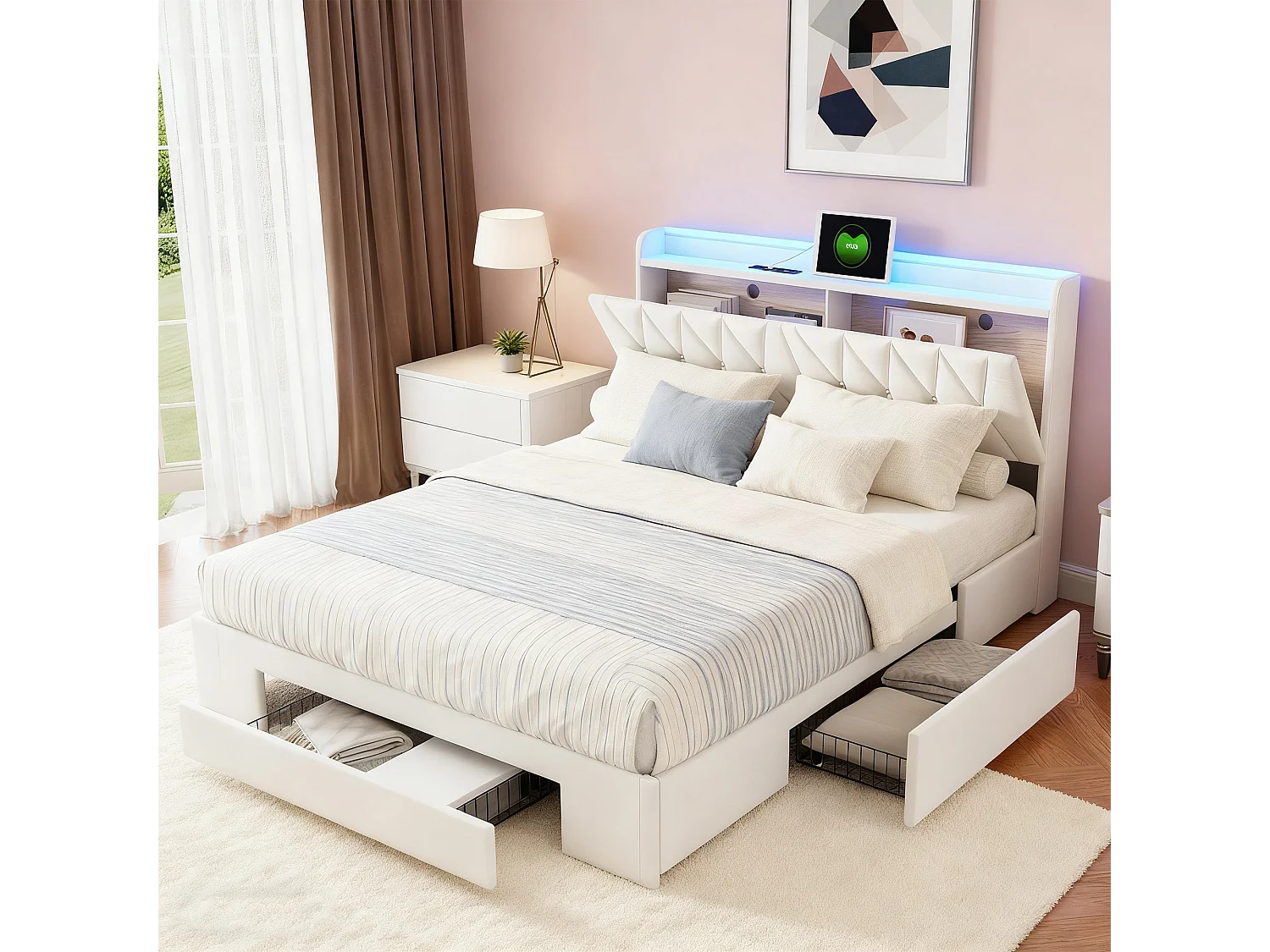 NEXU lit 140x190 - Avec 3 tiroirs de rangement - LED et USB - tissu de velours - beige