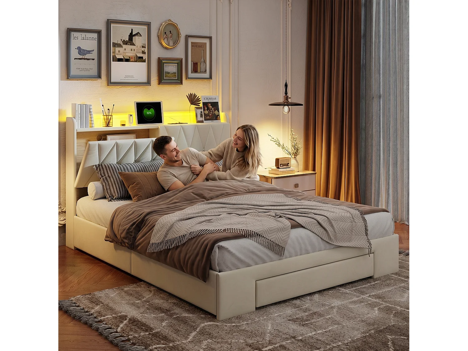 Lit 140x190 cm avec 3 Tiroirs de Rangement, LED Intégrée et Ports USB, Lit Double Rembourré en Velours Beige