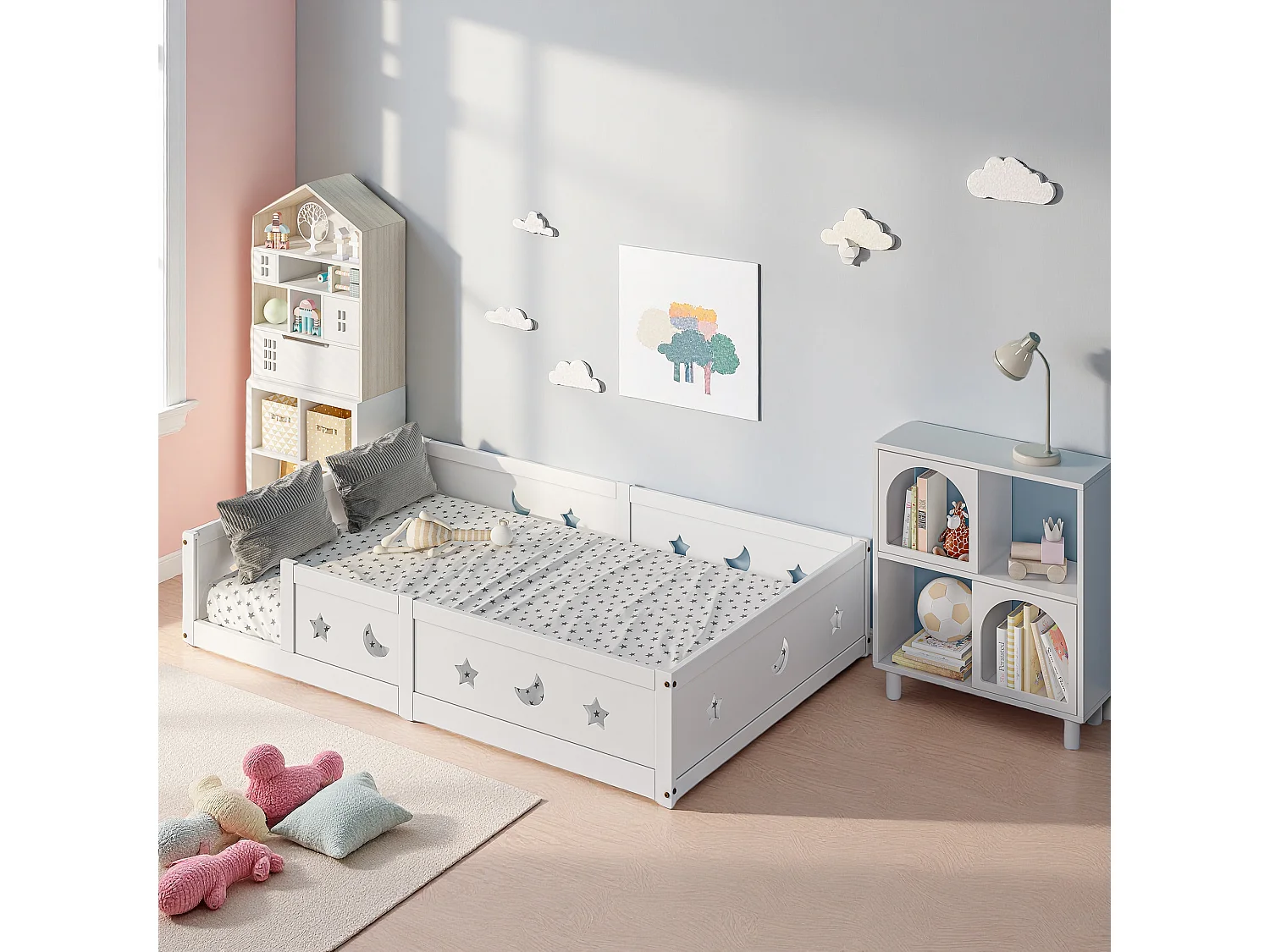 Lit 140x200 cm, Fonction de protection antichute, lit fille, cadre de lit enfant 140x200 cm, bois massif, blanc