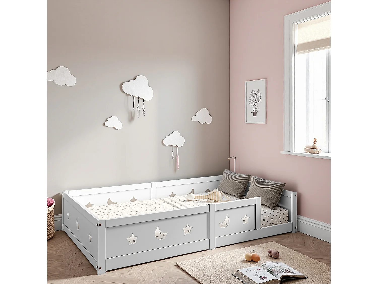 Lit 140x200 cm, Fonction de protection antichute, lit fille, cadre de lit enfant 140x200 cm, bois massif, blanc