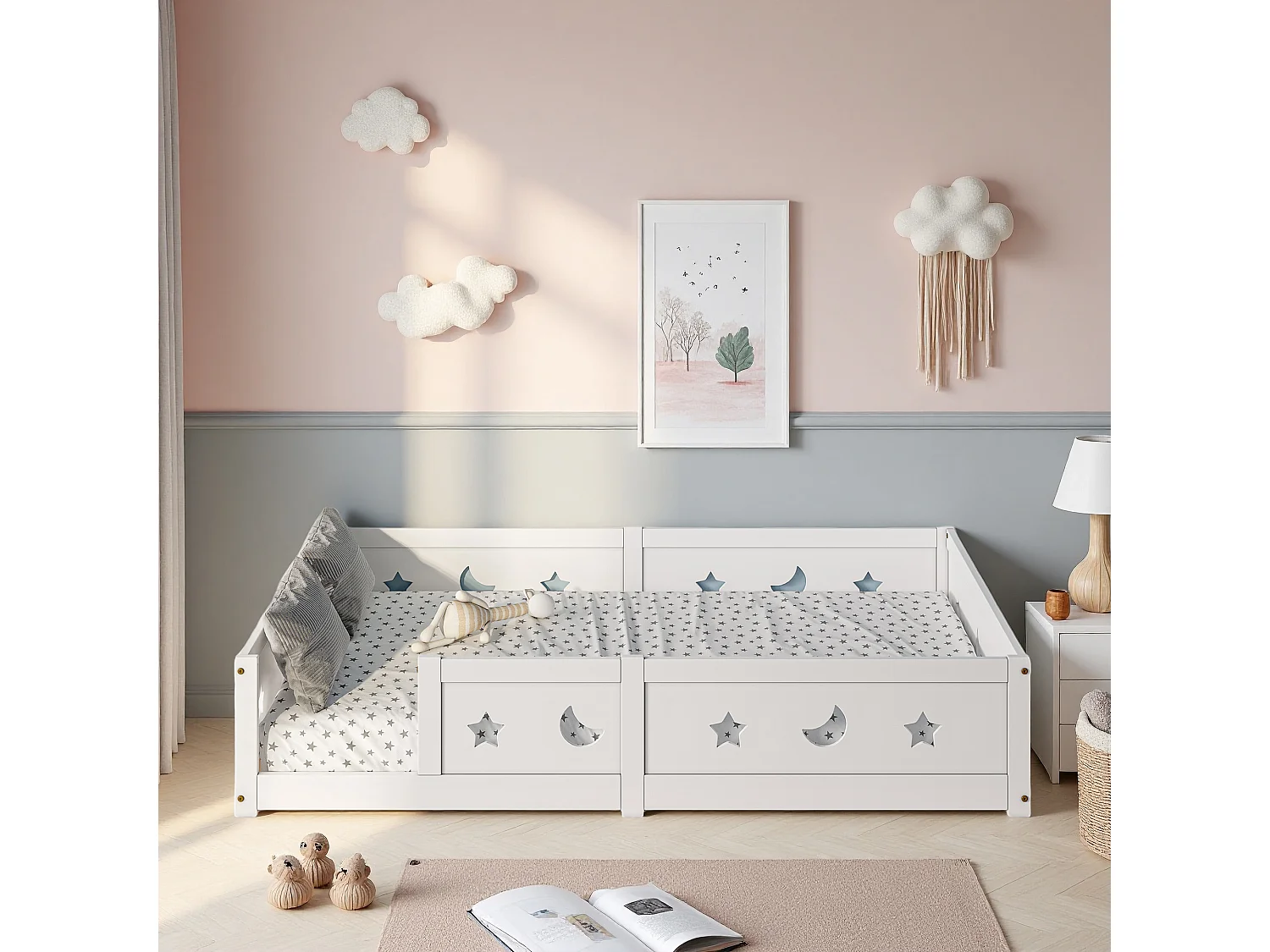 Lit 140x200 cm, Fonction de protection antichute, lit fille, cadre de lit enfant 140x200 cm, bois massif, blanc
