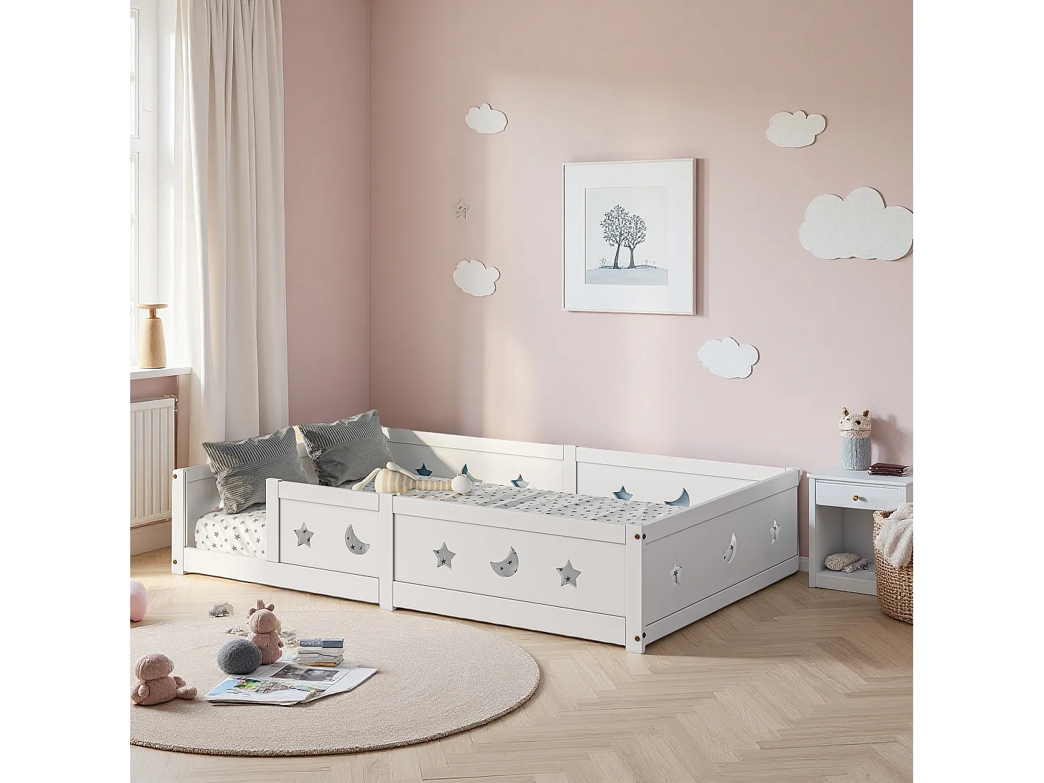 Lit 140x200 cm, Fonction de protection antichute, lit fille, cadre de lit enfant 140x200 cm, bois massif, blanc