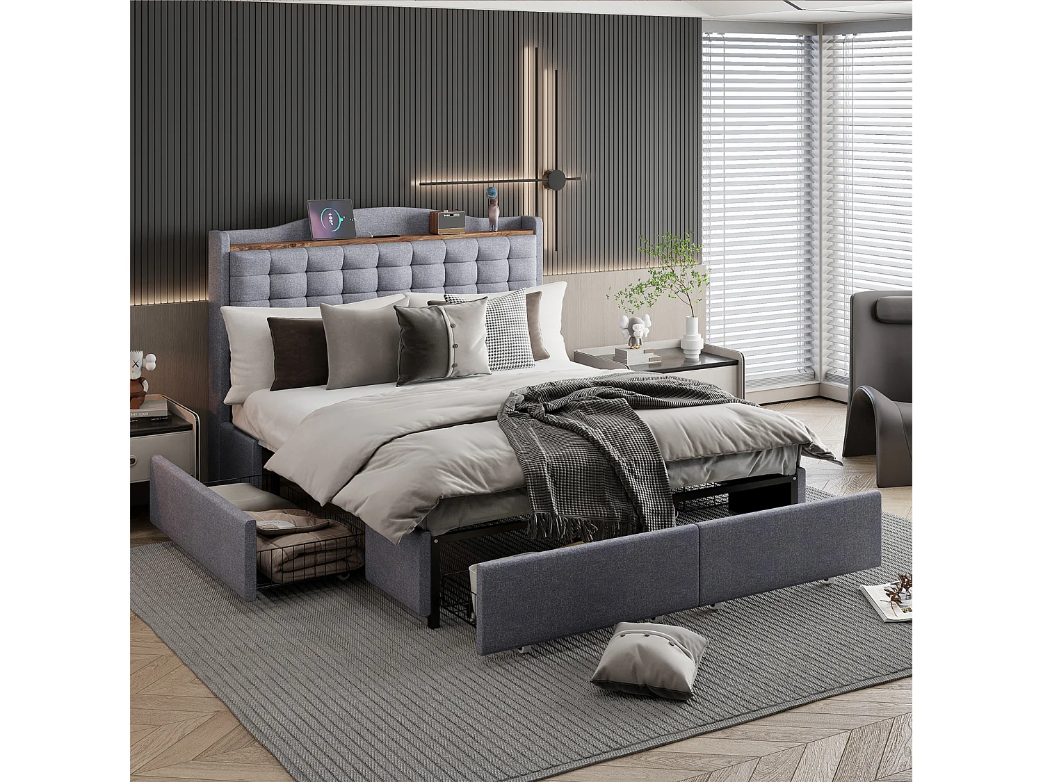 Lit Double, lit140x190, avec USB, 4 Tiroirs, Tête de Lit, sommier, tissu lin gris