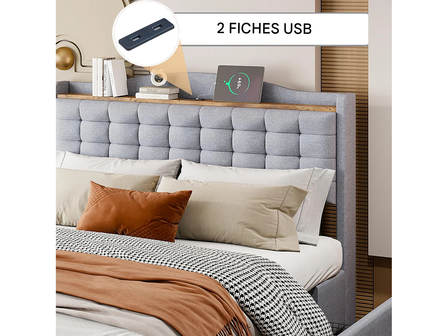 Lit Double, lit140x190, avec USB, 4 Tiroirs, Tête de Lit, sommier, tissu lin gris