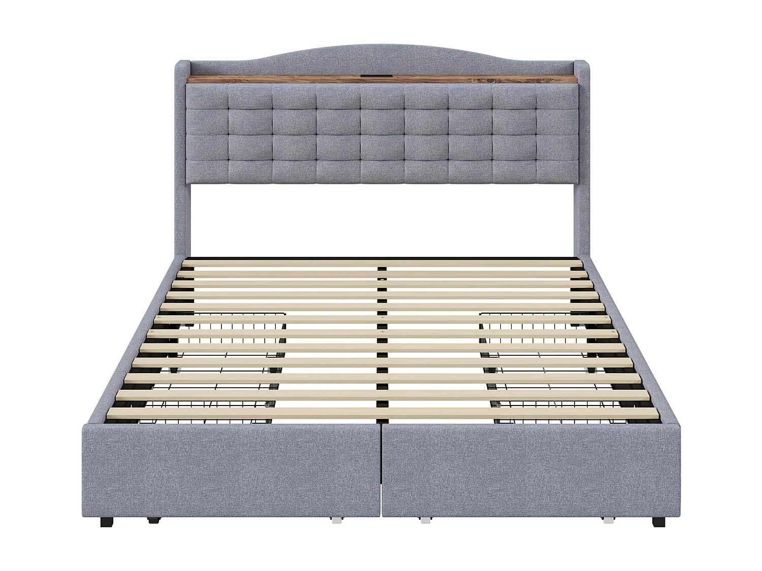 Lit Double, lit140x190, avec USB, 4 Tiroirs, Tête de Lit, sommier, tissu lin gris