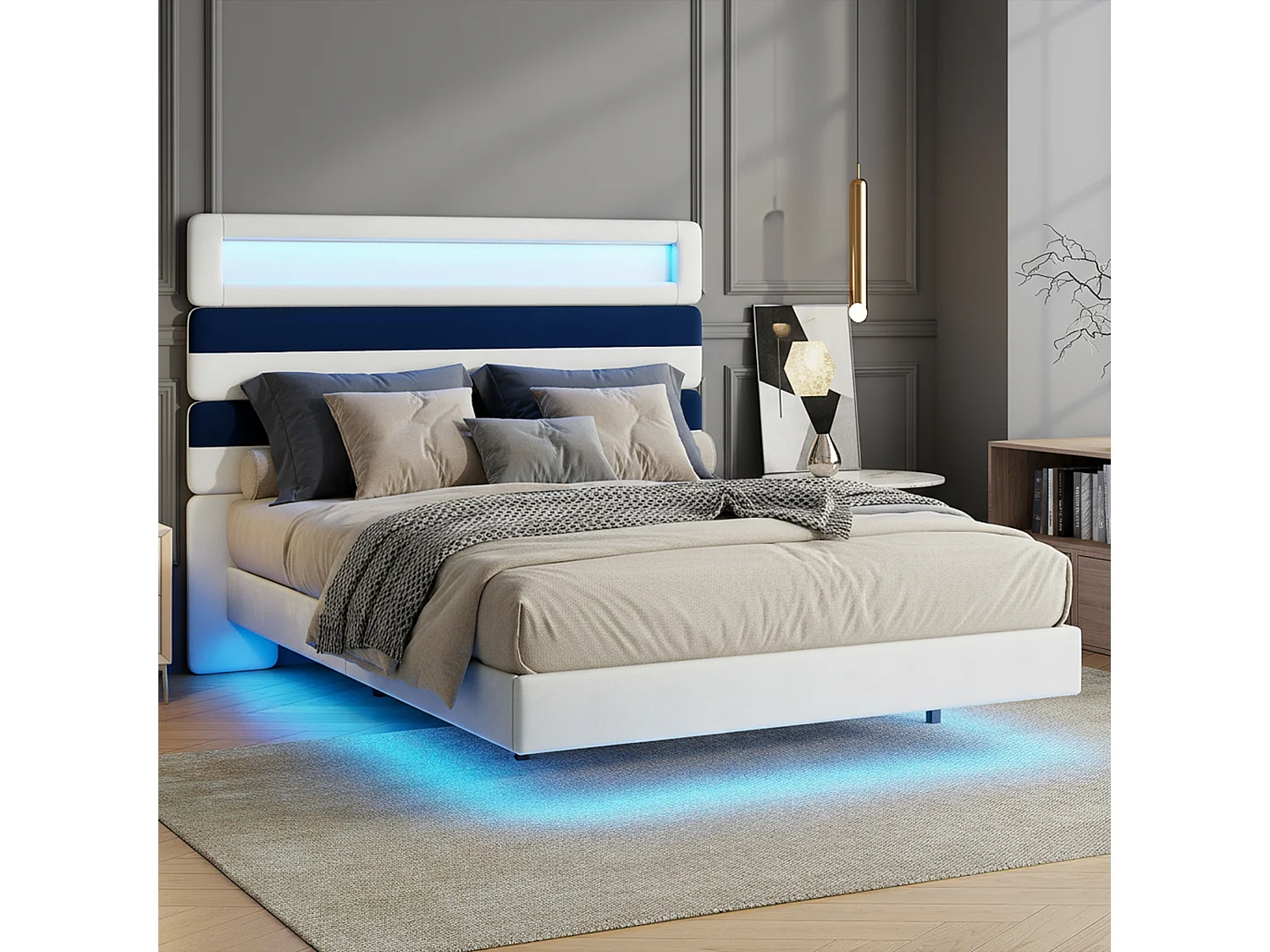 Lit 140x190 avec sommier,cadre de lit flottant avec Tête de lit rembourrée Réglable, Lit 2 Personnes avec Lumières LED et USB