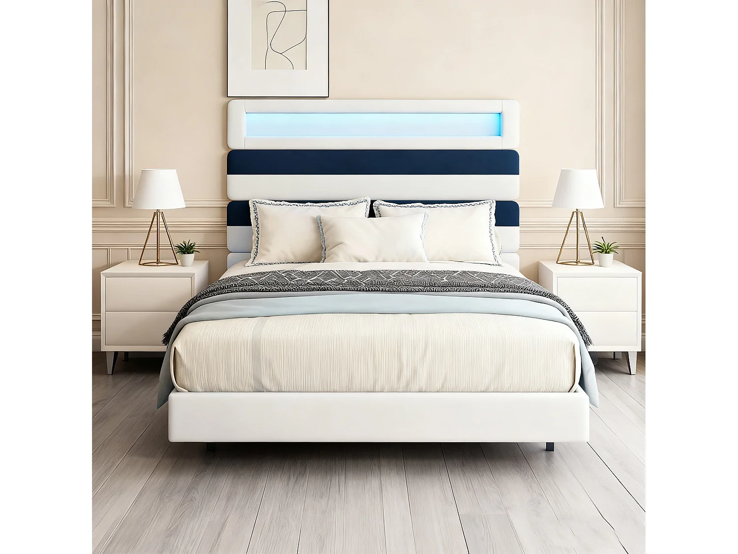 Lit 140x190 avec sommier,cadre de lit flottant avec Tête de lit rembourrée Réglable, Lit 2 Personnes avec Lumières LED et USB