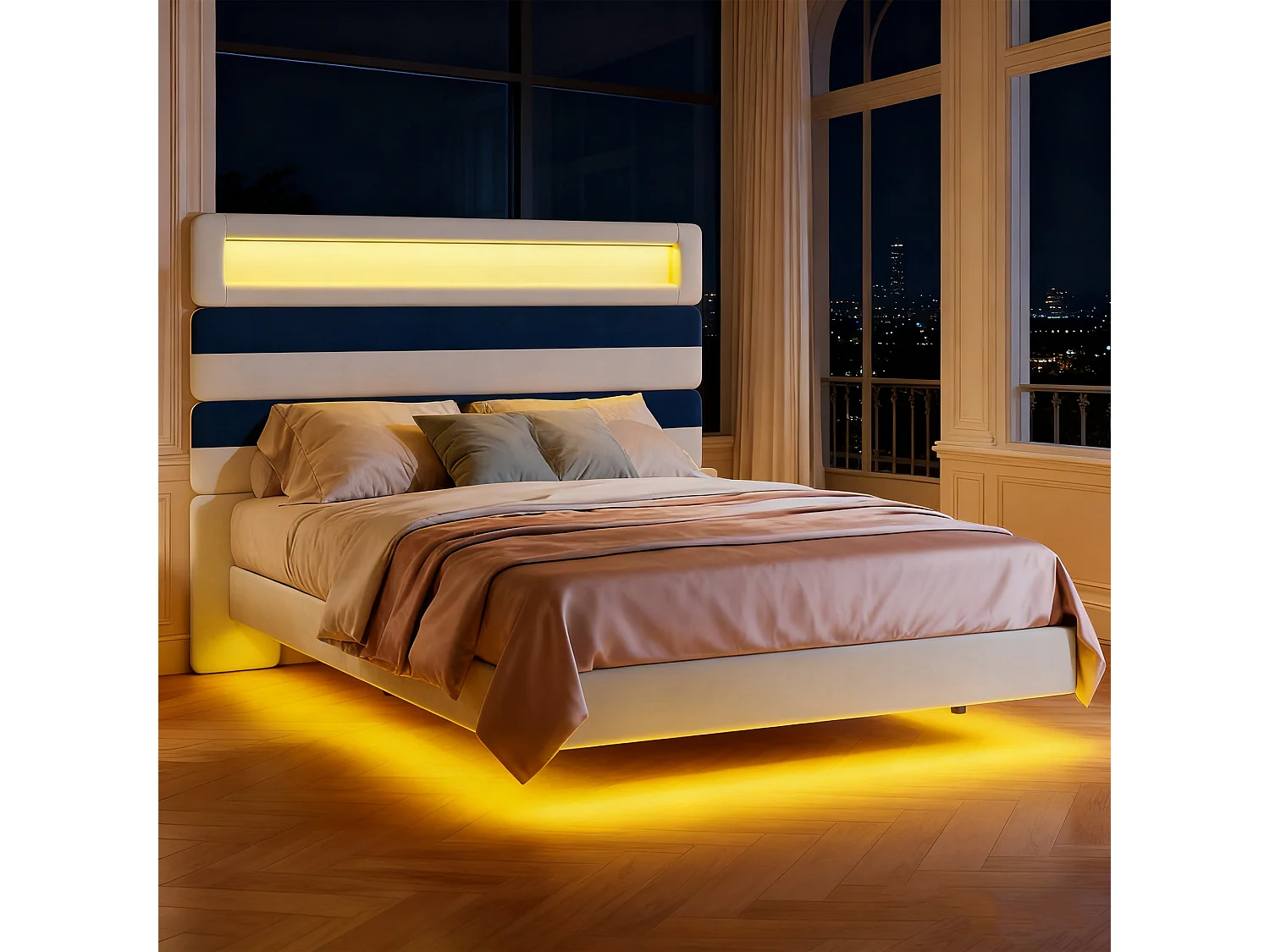 Lit 140x190 avec sommier,cadre de lit flottant avec Tête de lit rembourrée Réglable, Lit 2 Personnes avec Lumières LED et USB