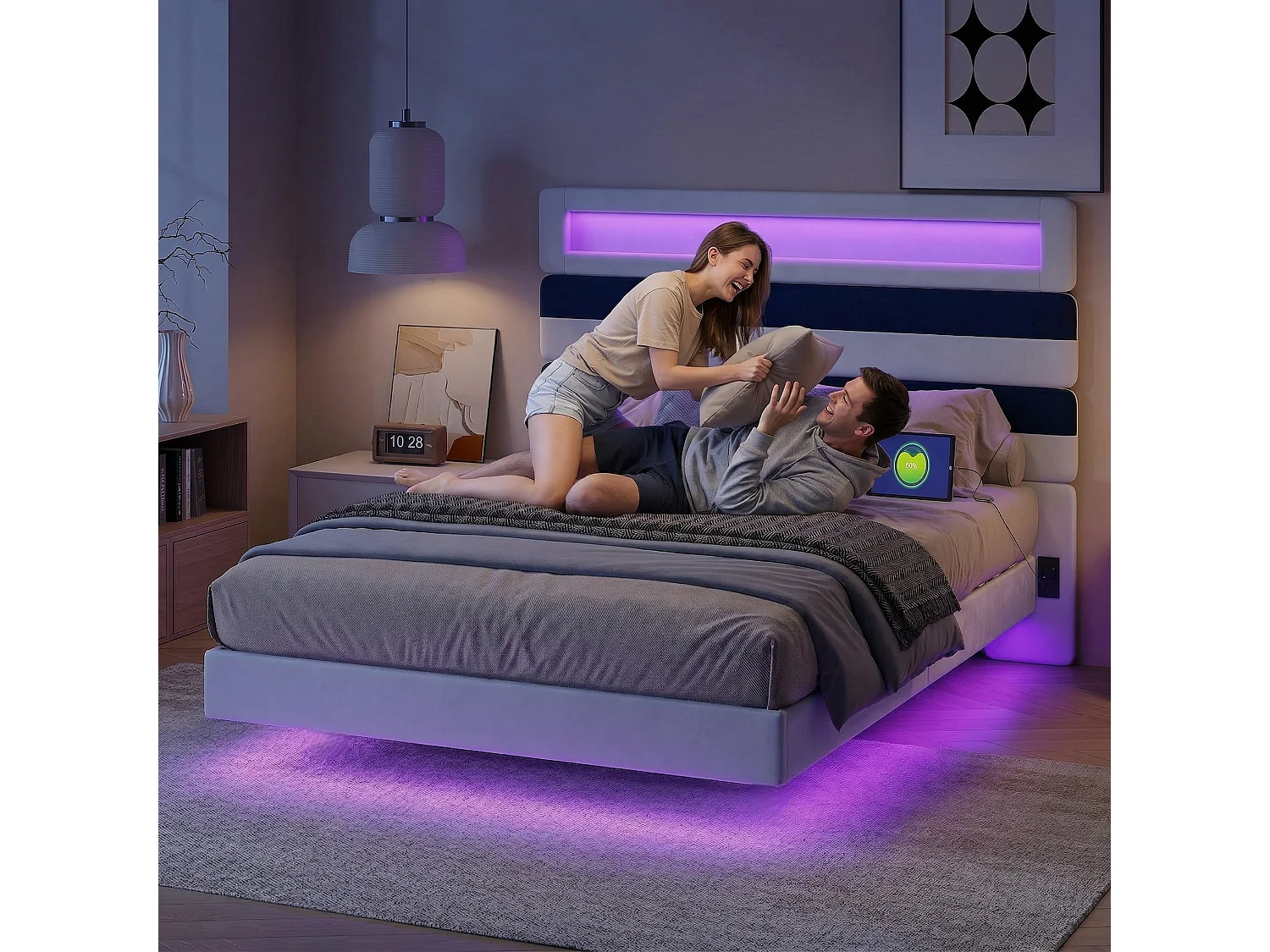 Lit double flottant 140 x 190 cm avec sommier à lattes – Tête de lit rembourrée réglable, éclairage LED et ports de charge