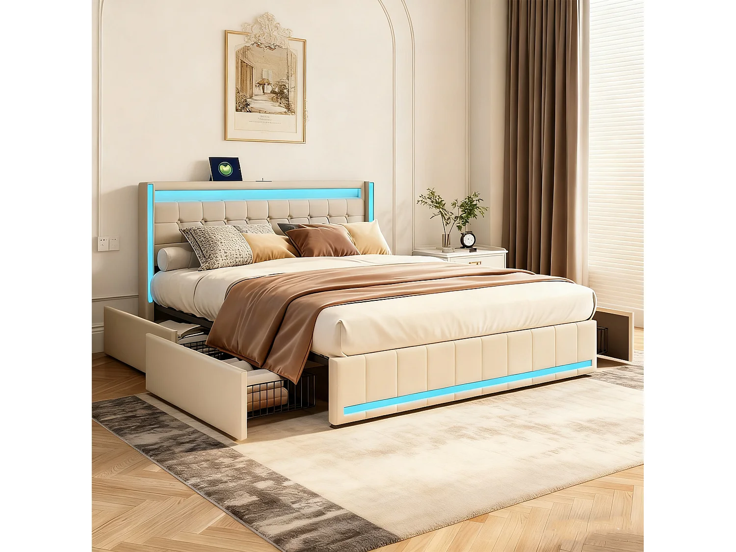 Lit 140x190 - NEXU - 4 tiroirs - LED réglable - Tête de lit avec rangement - USB et Type-C - Lin - Beige