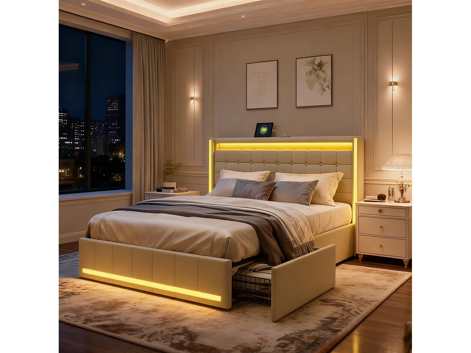 Lit 140x190 - NEXU - 4 tiroirs - LED réglable - Tête de lit avec rangement - USB et Type-C - Lin - Beige