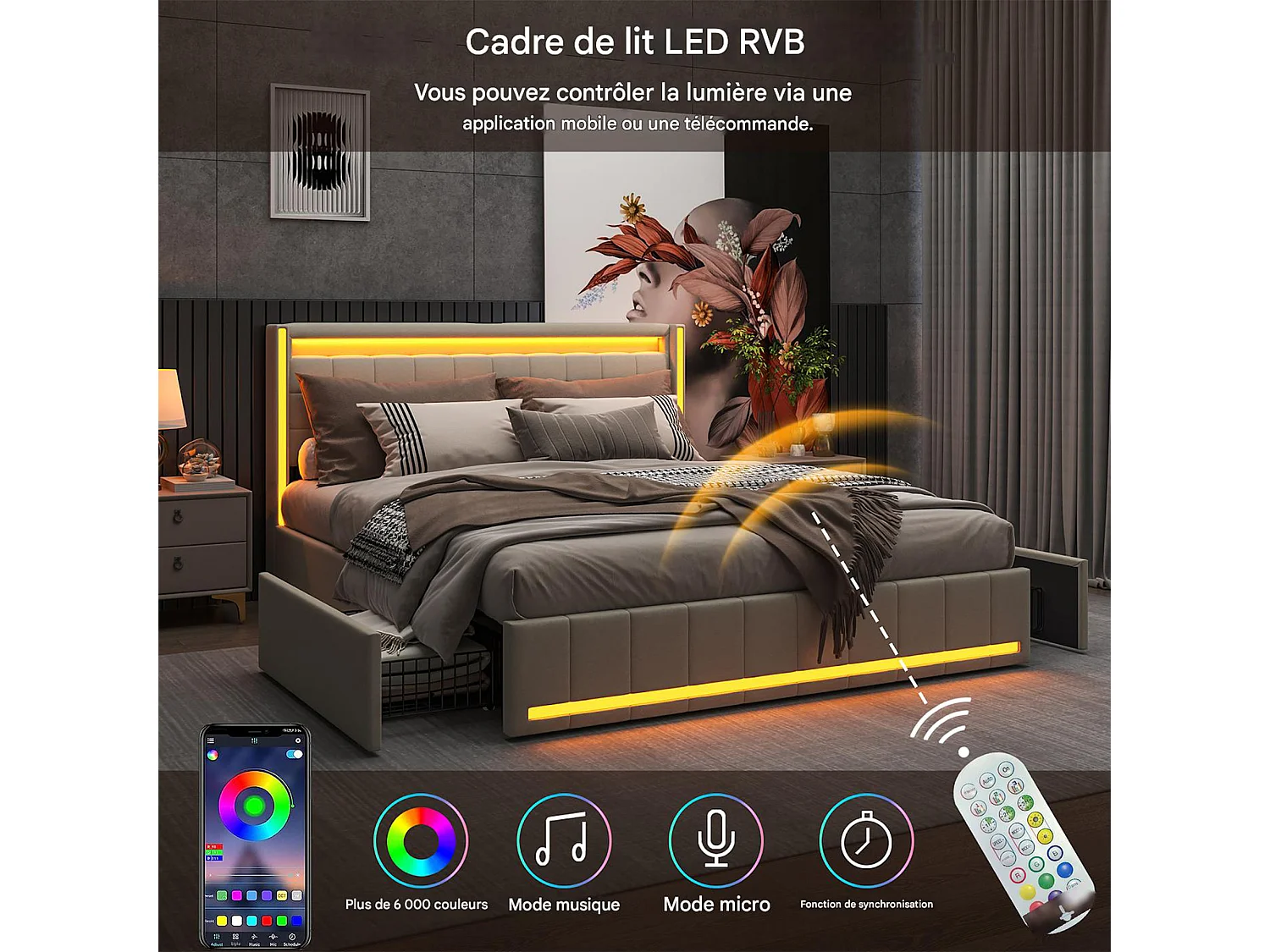 Lit 140x190 - NEXU - 4 tiroirs - LED réglable - Tête de lit avec rangement - USB et Type-C - Lin - Beige