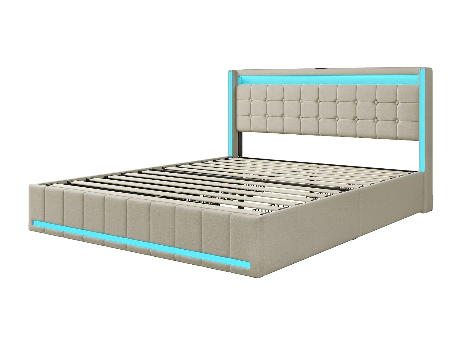 Lit 140x190 - NEXU - 4 tiroirs - LED réglable - Tête de lit avec rangement - USB et Type-C - Lin - Beige
