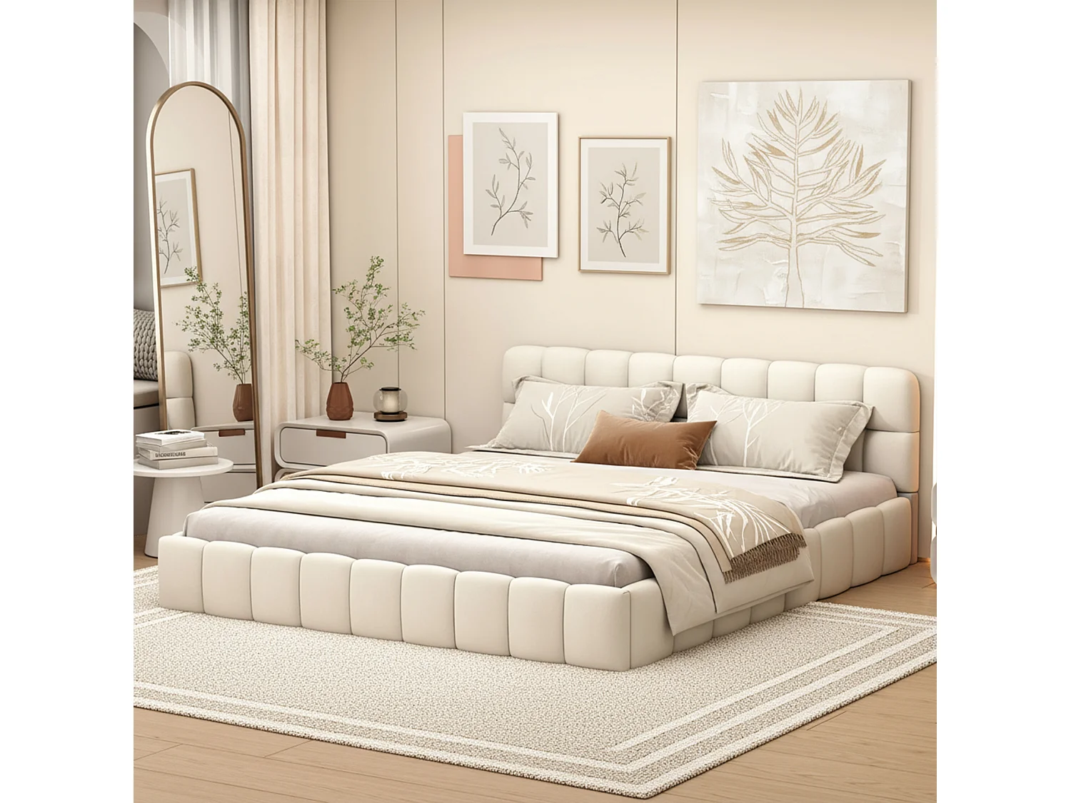 Cadre de Lit 140x190 cm -Tête de Lit rembourré - avec Sommier à Lattes, Tissu en lin, sans Matelas,  Beige