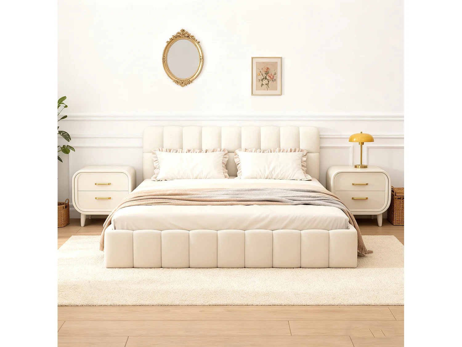 Cadre de Lit 140x190 cm -Tête de Lit rembourré - avec Sommier à Lattes, Tissu en lin, sans Matelas,  Beige