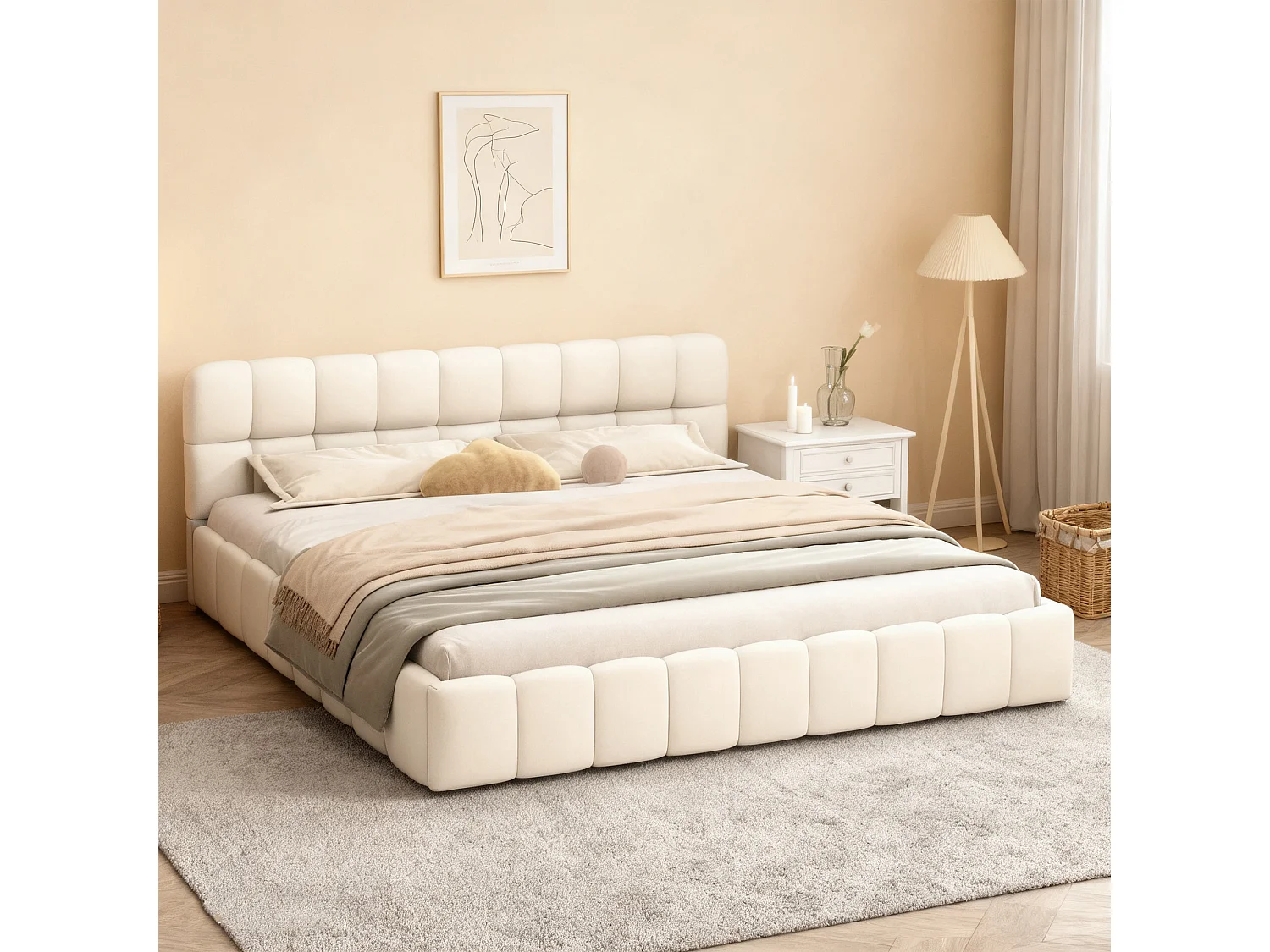 Cadre de Lit 140x190 cm -Tête de Lit rembourré - avec Sommier à Lattes, Tissu en lin, sans Matelas,  Beige