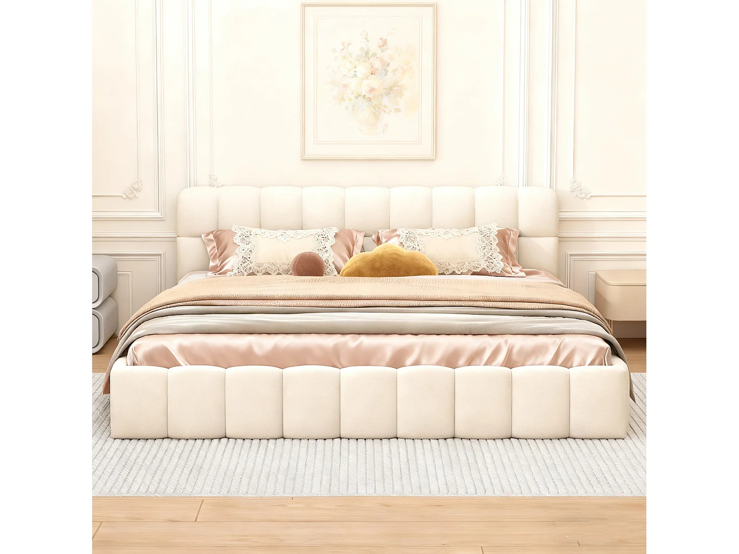 Cadre de Lit 140x190 cm -Tête de Lit rembourré - avec Sommier à Lattes, Tissu en lin, sans Matelas,  Beige